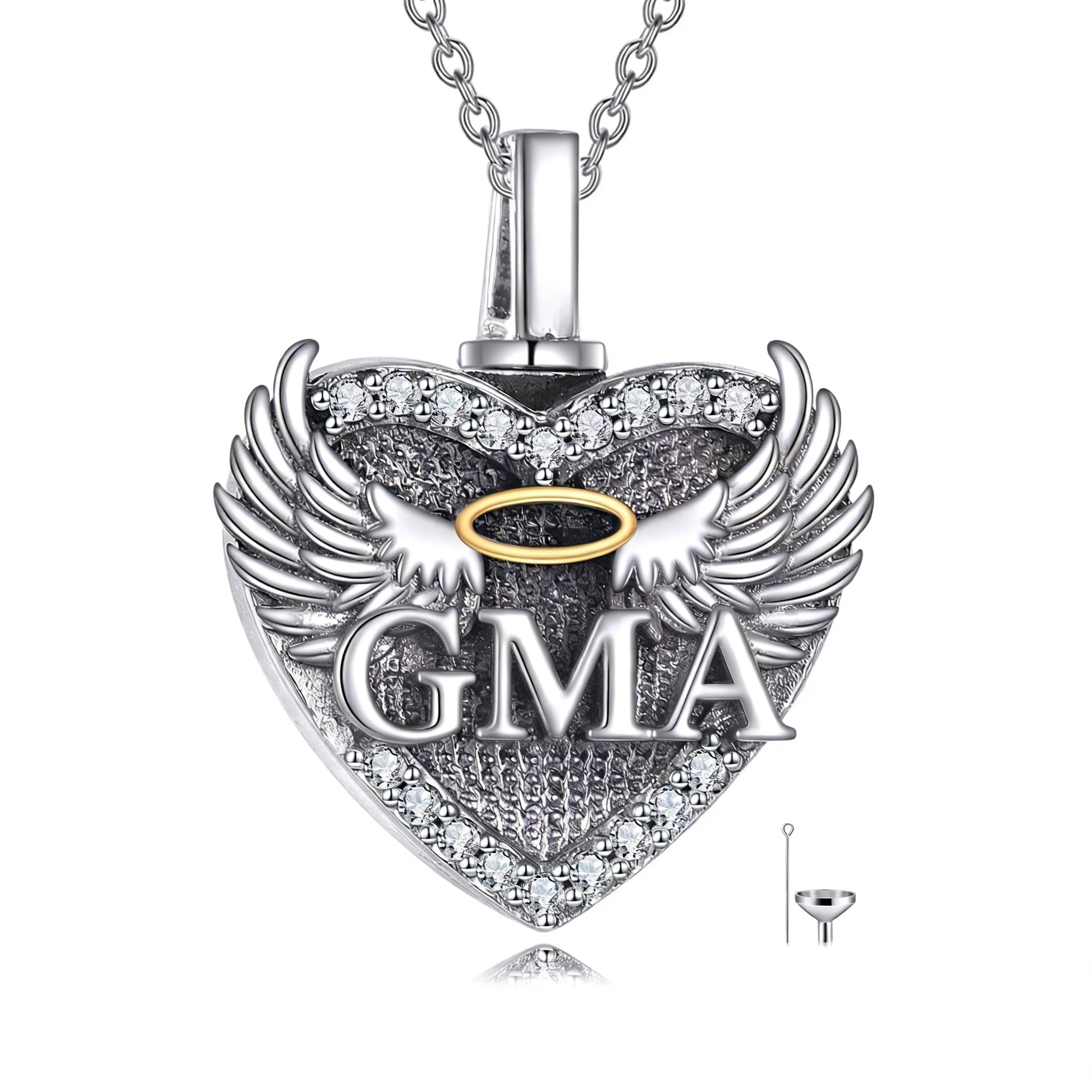 Collana con urna per ceneri in argento Sterling 925, con ali d'angelo, a forma di cuore, per la cremazione, per le ceneri della persona cara, con catena in acciaio inox da 45,7 cm + 5,1 cm