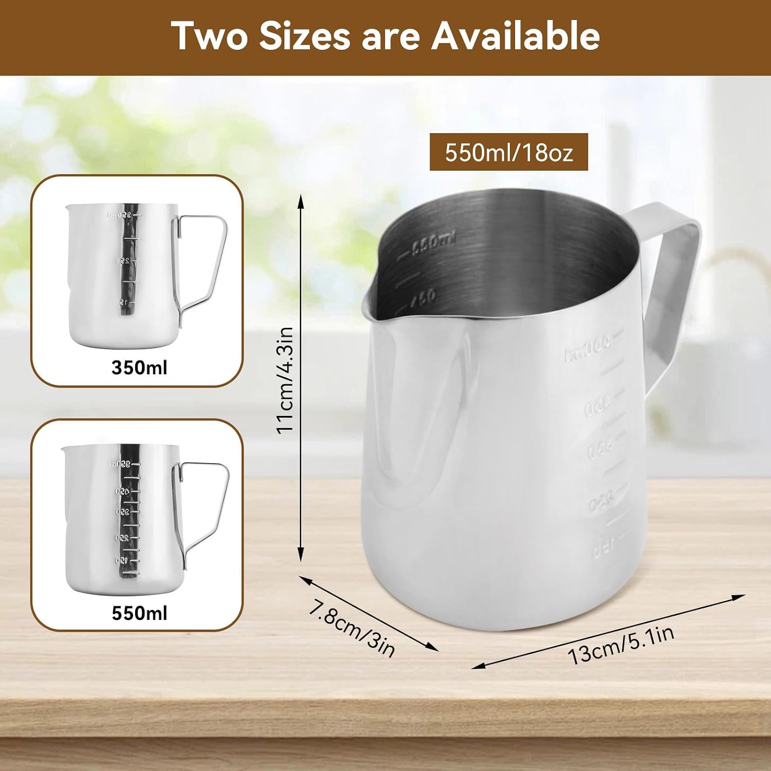 550ml/18oz Milk Frothing Pitcher, Stainless Steel Espresso Steaming Jug Milk Coffee Cappuccino Latte Art Frother Cup with Scale for Espresso Machine Latte, 5.1x3.1x4.3in