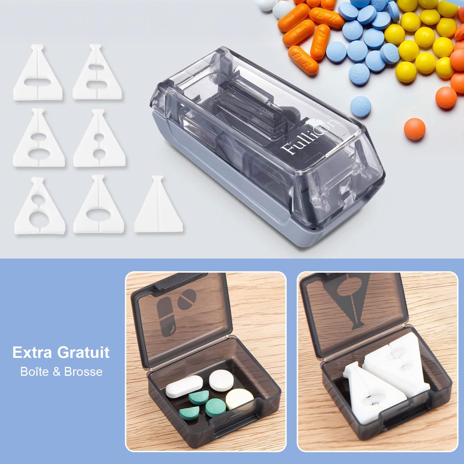Fullicon Coupe-Comprimés avec 7 Supports en Silicone, Coupe-Comprimés pour Petits Comprimés avec Alignement Précis, Lame en Acier Inoxydable & Protection de Lame 2 Boîtes à Pilules Offertes (Gris)