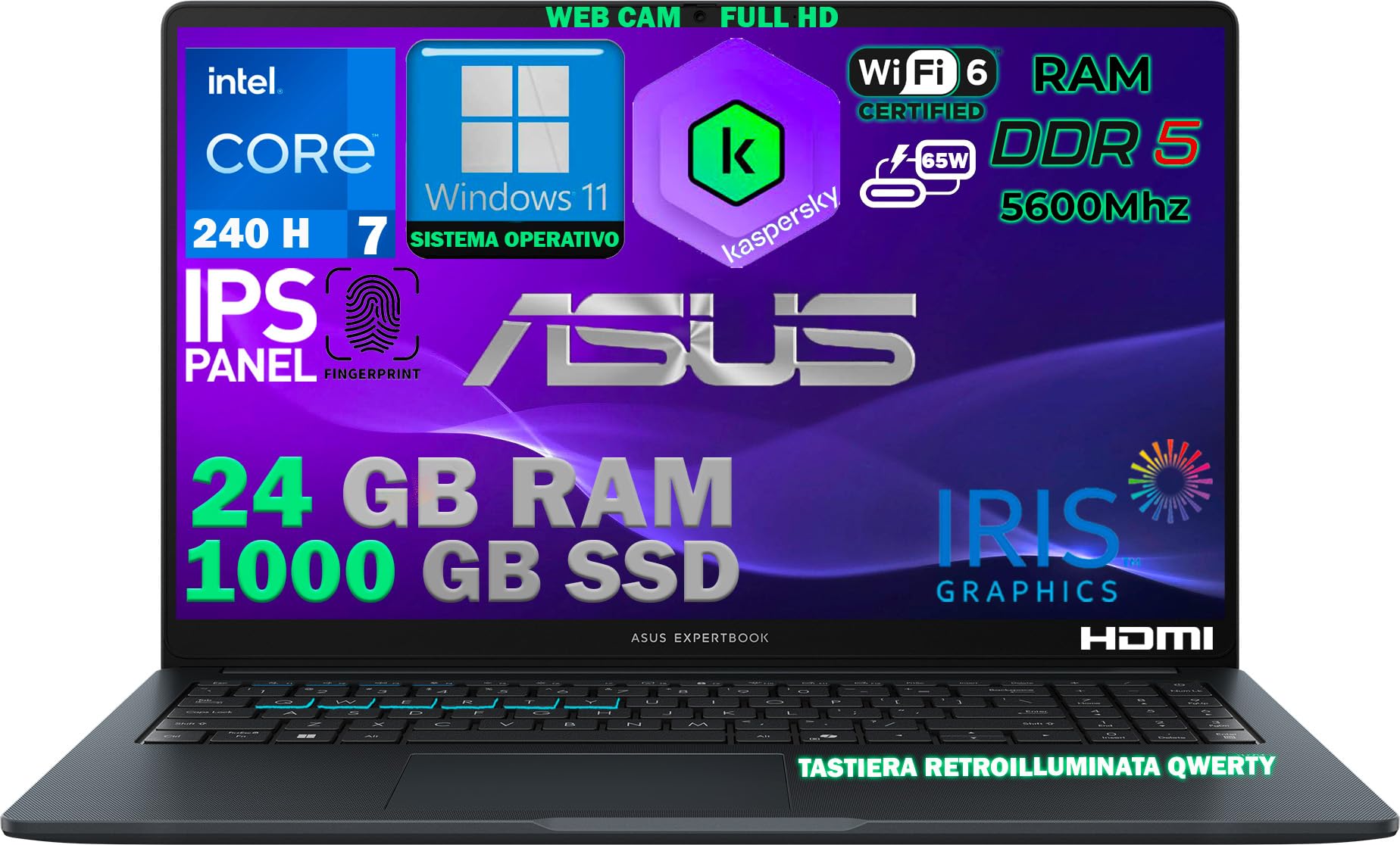 Asus Notebook Expertbook 15,6" Intel Core 7-240H 14ª Gen Fino A 5Ghz, 24GB Ram DDR5, 1TB Ssd, Win11 Pro, Incluso Kaspersky Tastiera Retroilluminata, Qwerty, Fingerprint-image