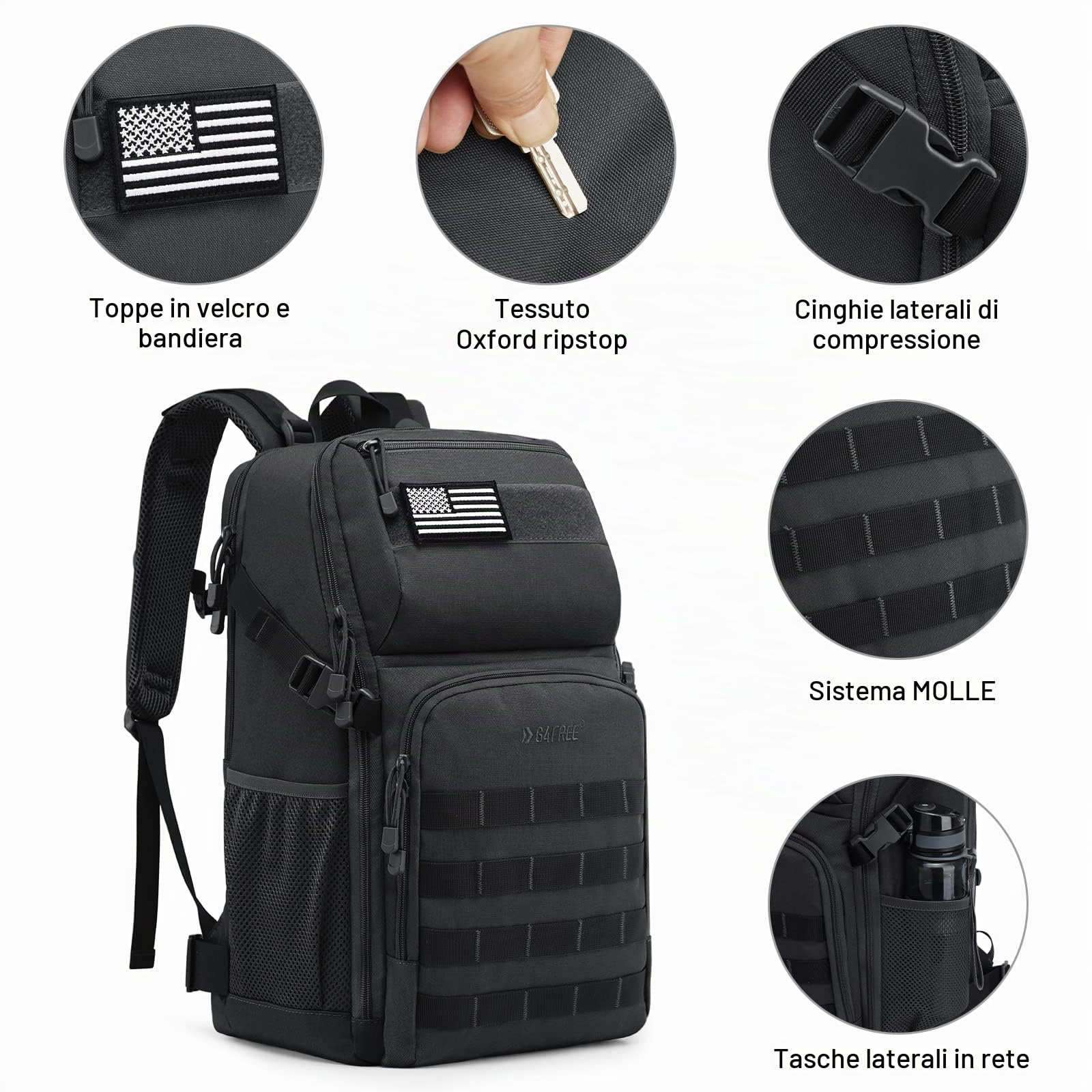 G4Free Zaino tattico militare da 35 l, grande esercito Assault Pack Molle, zaino per attività all'aperto, escursioni, campeggio, trekking, caccia