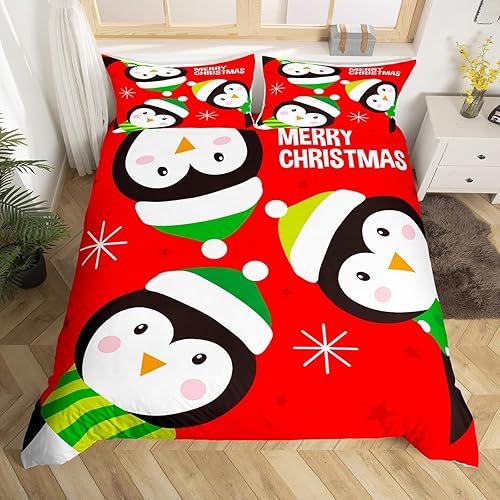 Juego de funda de edredón para niños de Feliz Navidad, tamaño King, juego de ropa de cama de pingüinos de dibujos animados, animales árticos,