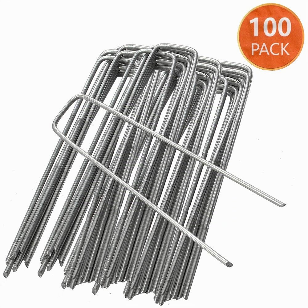 ANSIO Paquete de 100 Galvanizado en Forma de U piquetas - 150mm/6, Grapas Jardin Anclas de Suelo Camping Piquetas Ideal para Cesped Artificial, Tela Antihierbas