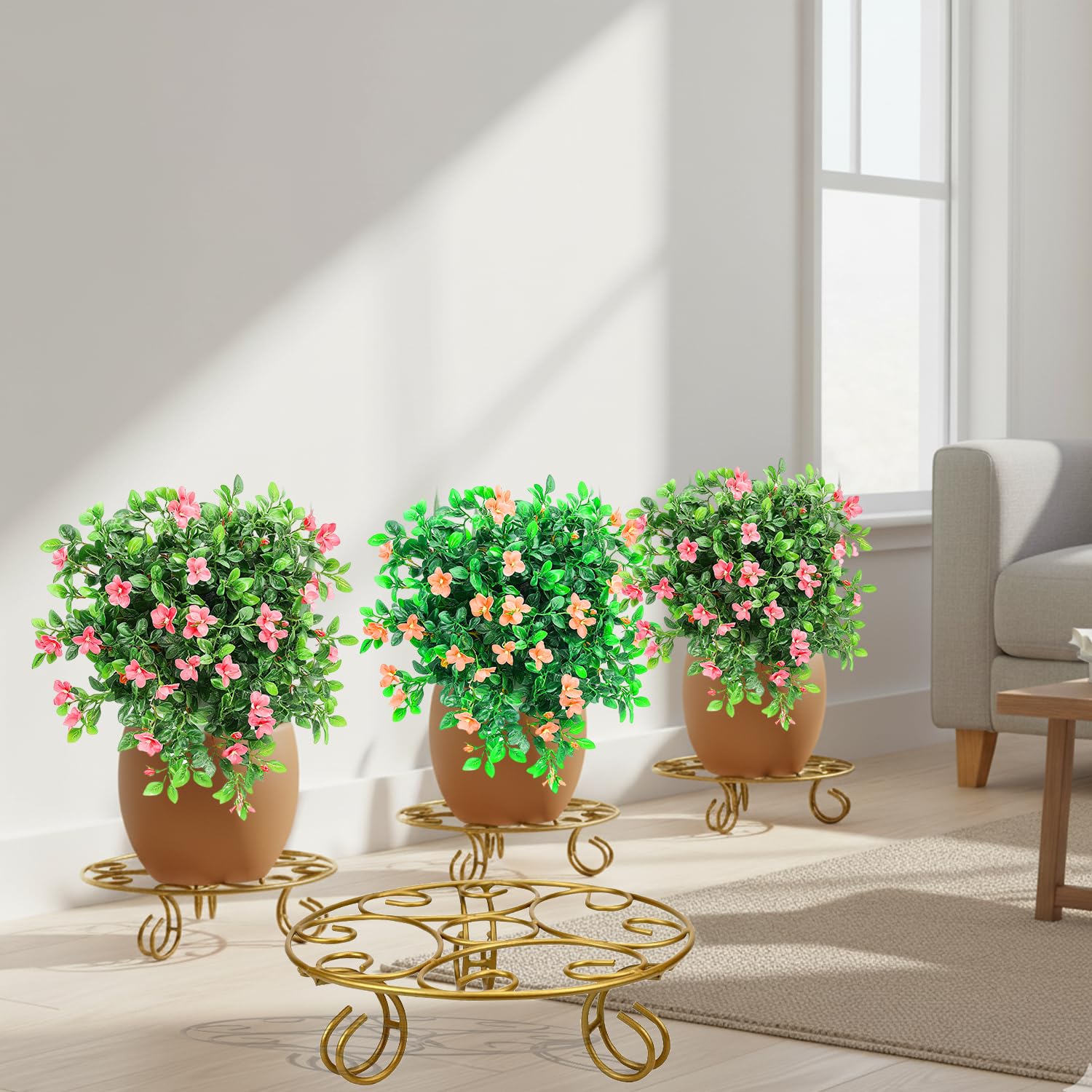 ORILEY Round Metal Flower Pot Stand Heavy-Duty Elegant and Functional Floor-Mounted Plant Holder Rust Free for Home Office Indoor & Outdoor Use (Pack of 4, Gold)