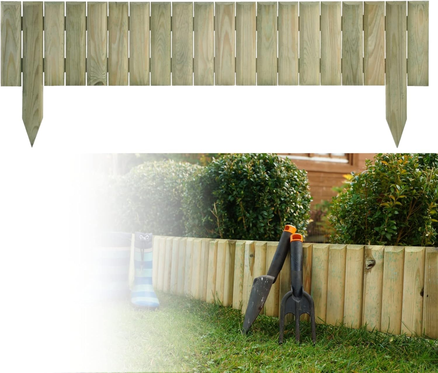 Wooden Log Panel Roll Garden Border Edging Fence Lawen Pressure Treated Fixed Picket Flower Fencing 15cm High Lawn Edging (Set of 8 - Length 720 cm (Approx. 24ft))