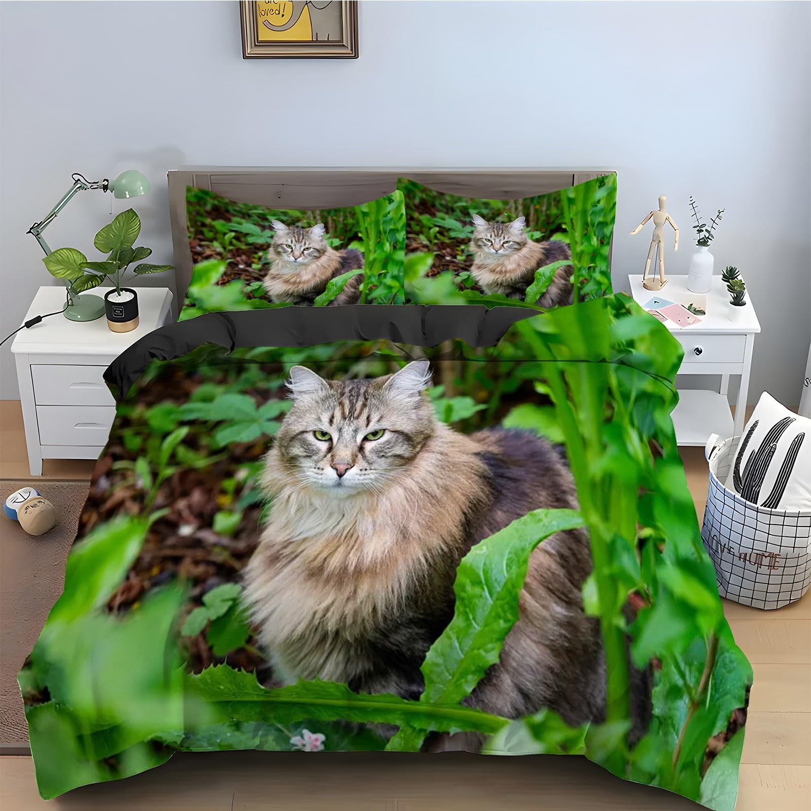 Housse de couette 220x240 chat sibérien parure de lit microfibre fermeture éclair avec taies