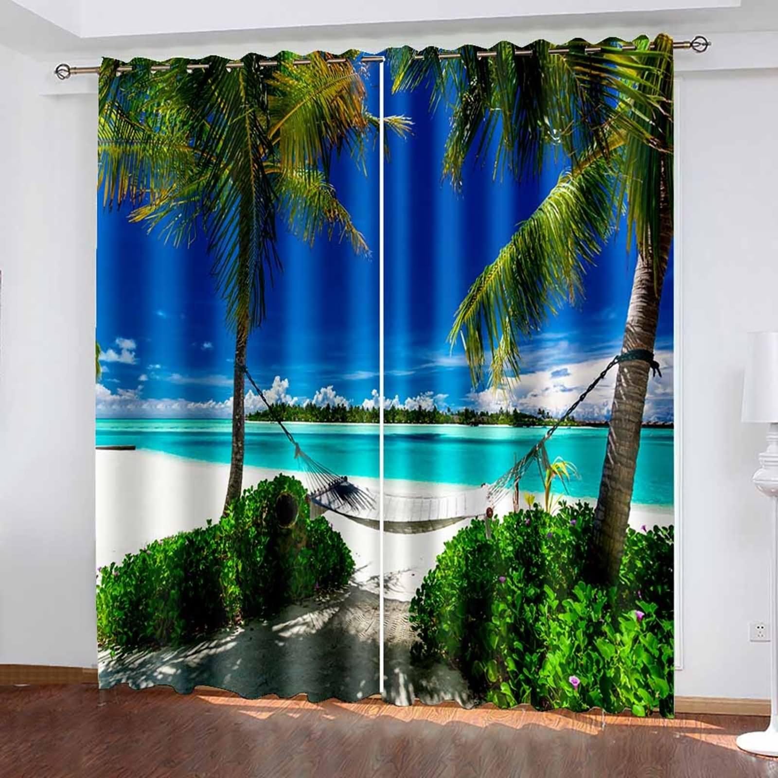 Zasłony okienne, czeska krótka zasłona zielony niebieski krajobraz palm na plaży i morzu poliester 2 panele 192 x 229 cm