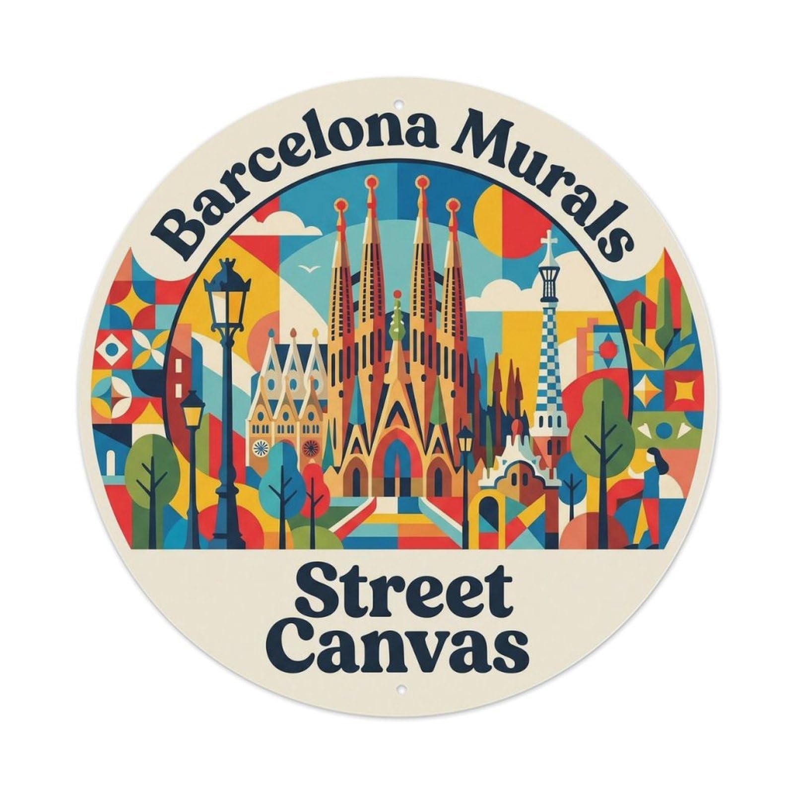 Classic Barcelona Cityscape Mural Street Travel Heritage Metal Tin Sign Plaque Wall Decor for Cafe, Man Cave, Club Bar, Office, Home Garden Round Metal Poster 8x8Inch