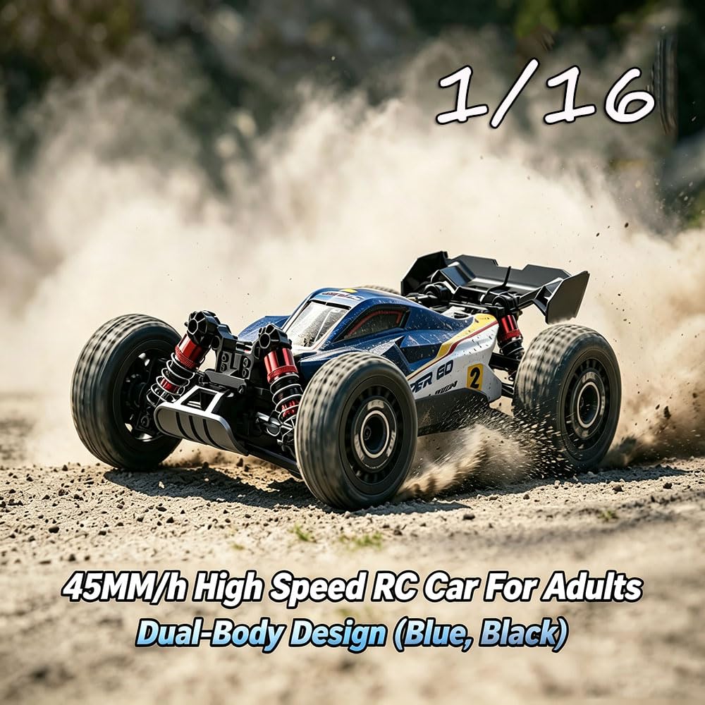 MJX 16213 - Auto telecomandata per adulti, 45 km/h, 1/16, senza spazzole, RC ad alta velocità, fuoristrada Drift, 4WD Off Road Race Buggy, 3 batterie, blu con doppio guscio, nero