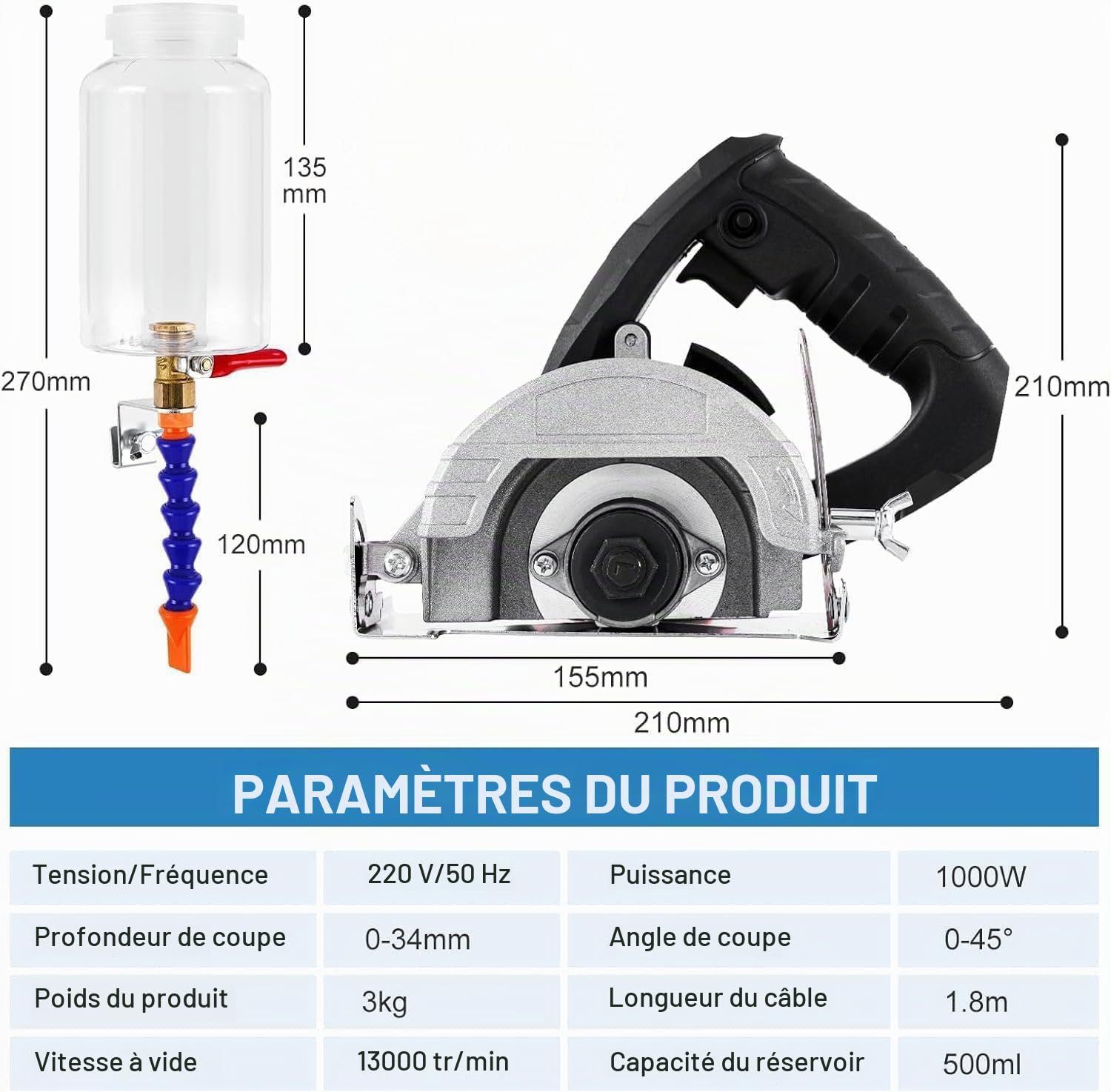 MXBAOHENG Coupe de carrelage électrique sans lames 1000 W 45 degrés Scie à tronçonner professionnelle humide avec réservoir d'eau amovible, adapté pour carrelage en céramique (adapté 100-110mm lame)