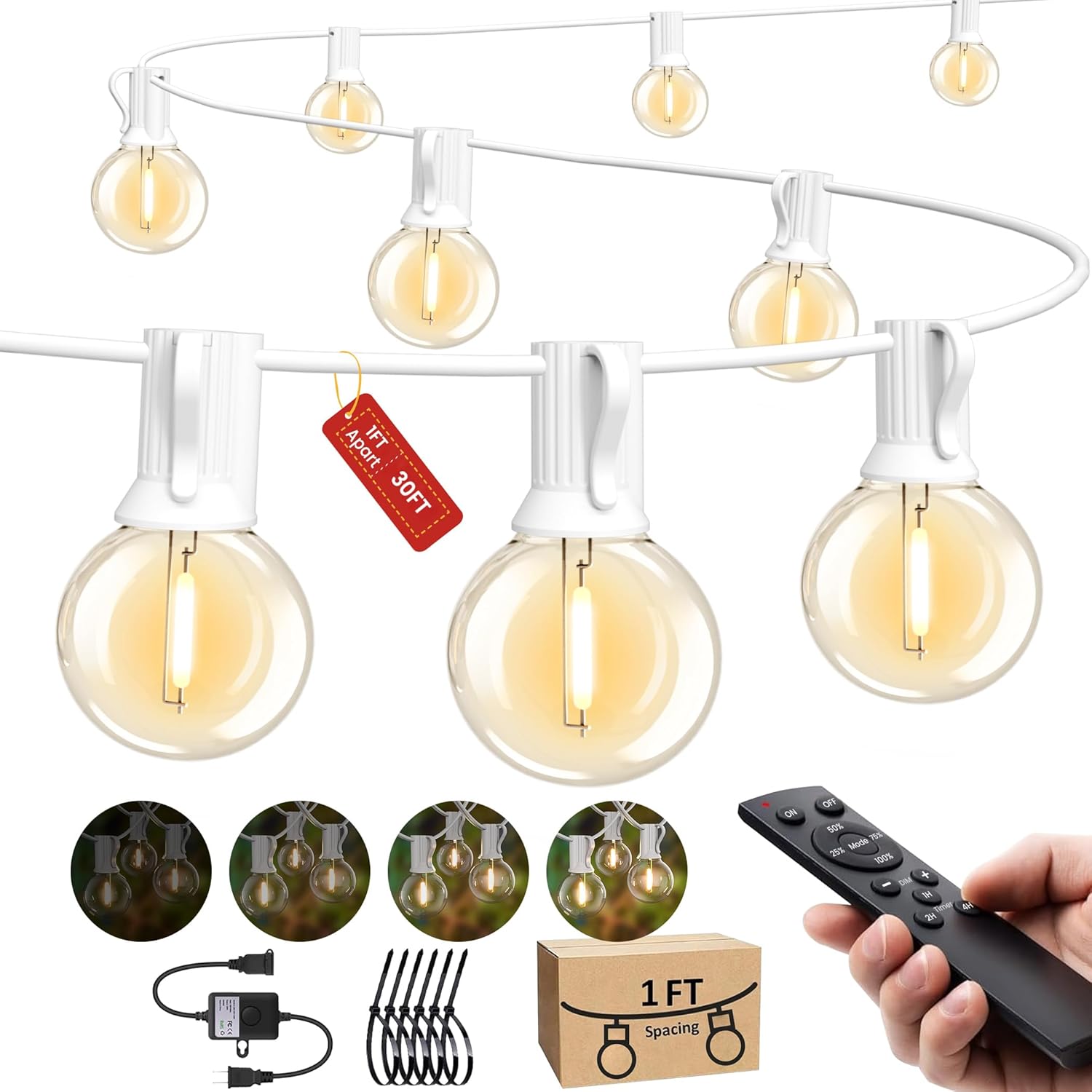 Outdoor-String-Lights-Patio-LED-Light-Outside 30FT Waterproof Dimmable Remote Outdoor Lighting G40 Globe Plastic LED Bulbs Hanging Lights Connectable for Backyard Porch Party 1FT Bulbs Spacing