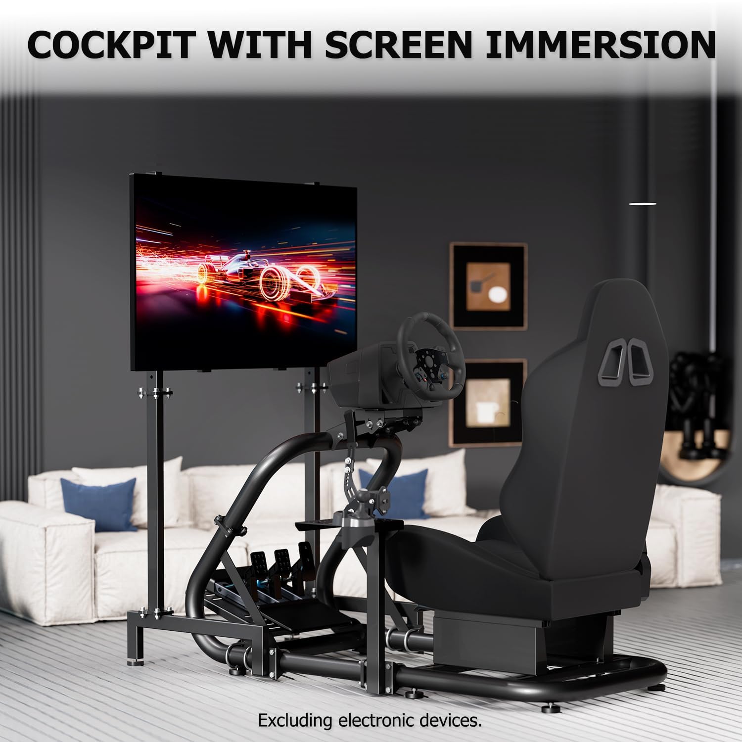 Supllueer Racing Sim cockpit con sedile ergonomico e supporto per monitor adatto per Logitech/Fanatec/Thrustmaster G27 G923 G920,50 mm grande tubo rotondo supporto simulatore di guida, no