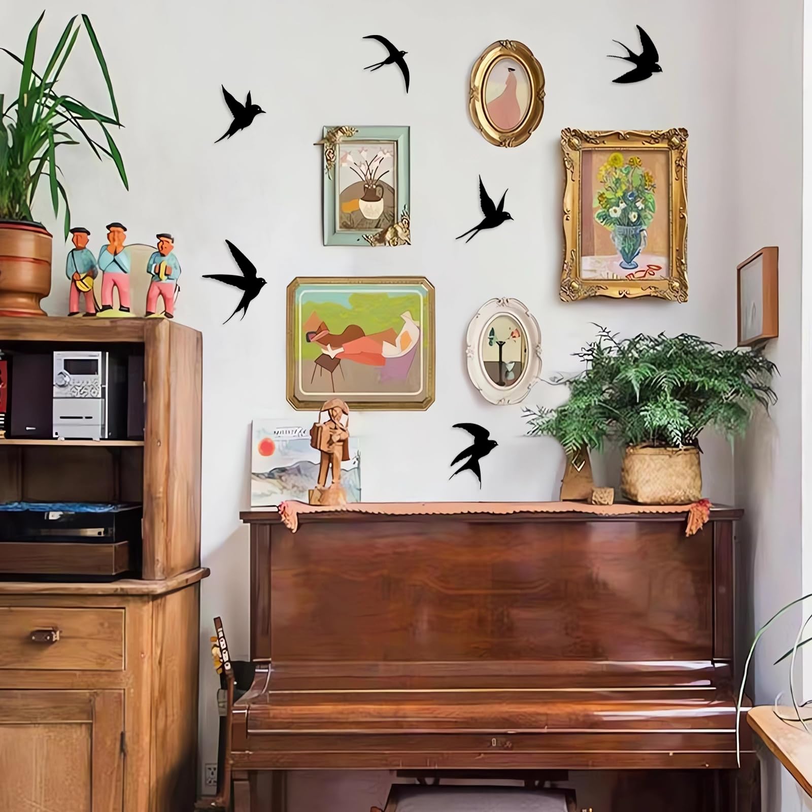 Pduoduo Decoración de pared de metal con pájaros,6pcs Decoración de pared metálica con pájaros negros,Escultura de pared con pájaros para el hogar Cocina Patio Sala de estar Baño Jardín