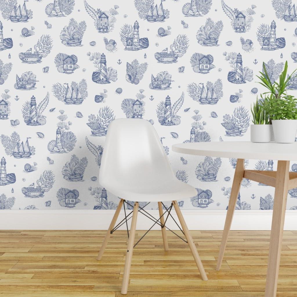 Removable Wallpaper 6ft x 2ft - Lighthouse Sea Blue Plant Nautical Ship Ocean Seashells Custom Pre-Pasted Wallpaper by Spoonflower