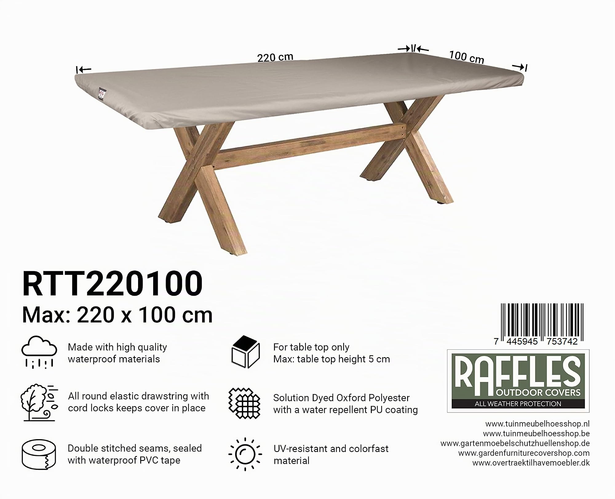 Abdeckung für eine Tischplatte 220 x 100 cm | Atmungsaktiv | Wasserdicht | UV - beständig | Doppelt genähte, PU-versiegelte Naht | Elastischer Kordelzug |