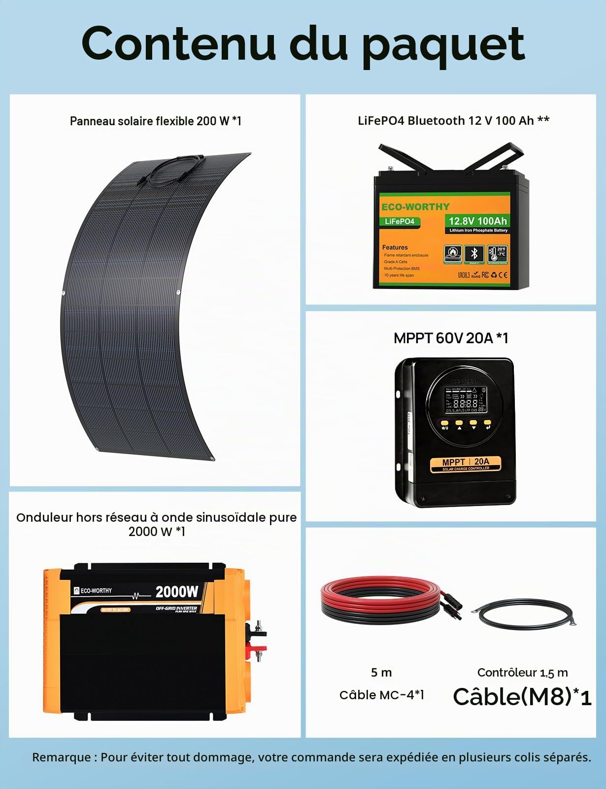 ECO-WORTHY 1280Wh Kit Panneau Solaire Camping-Car: batterie lithium 12v 100Ah avec Bluetooth + panneau solaire souple 200W + régulateur MPPT 20A + onduleur 2000W, pour les Camping, campervan, vanlife