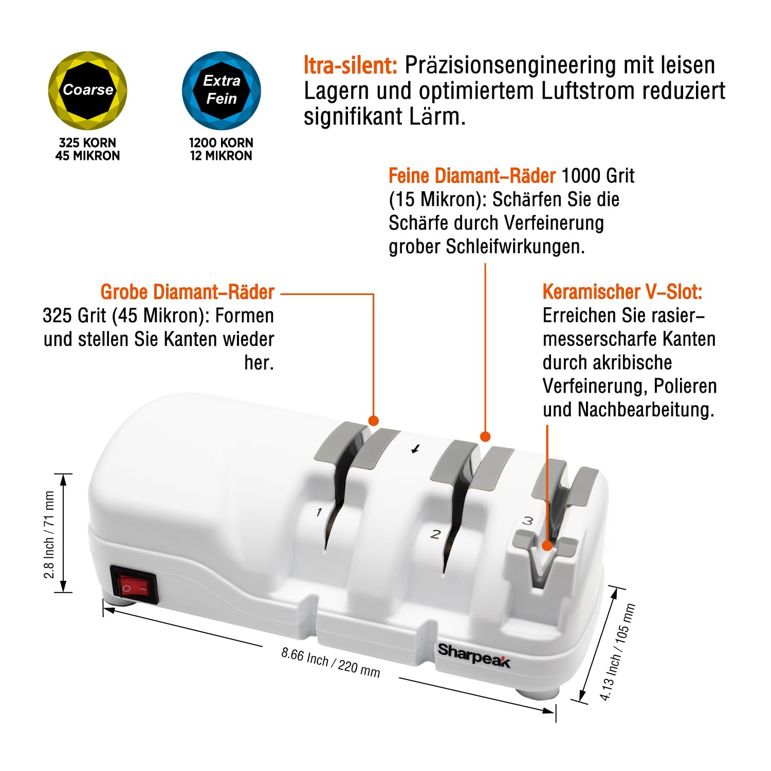 Elektrischer Messerschärfer 3-Stufen Profi Schärfsystem mit Diamantscheiben, leiser Motor, Überhitzungsschutz