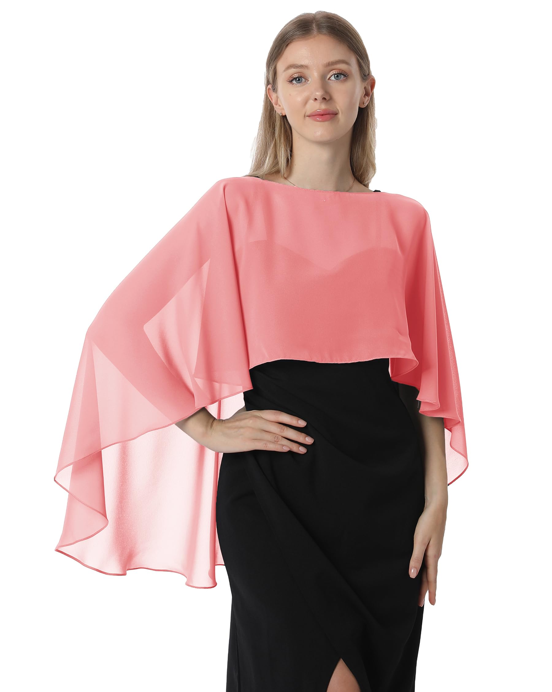 Hotshawl Capelets for women Chiffon Cape Shawls and Wraps for Evening Dress Wedding Capes Cover Up, Coral, One Size