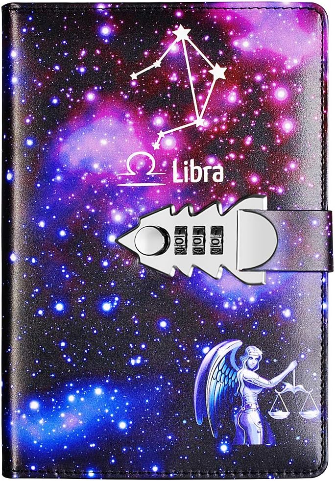 koboome Starry Lock Leather Diary, A5 Creative Password Lock Diary, PU Leather Combination Lock Diary Digital Diary Suitable for Adults Kids (Libra)