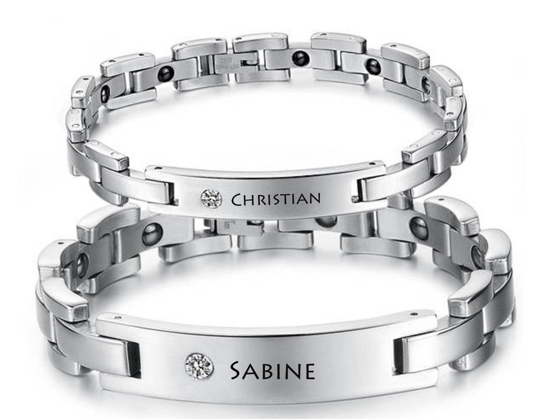 ID Edelstahl Magnetisches Armband + Gravur nach Wunsch mit Strass auch als Partnerarmbänder mit Box