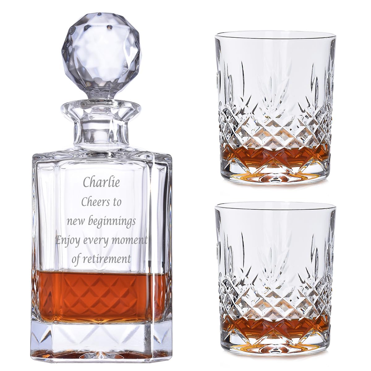Personalised Buckingham Square Crystal Decanter and 2 Matching Whisky tumblers, 24% Lead Crystal, Supplied in Presentation Box, Quality Glassware Gift Engraved with Your own Words.