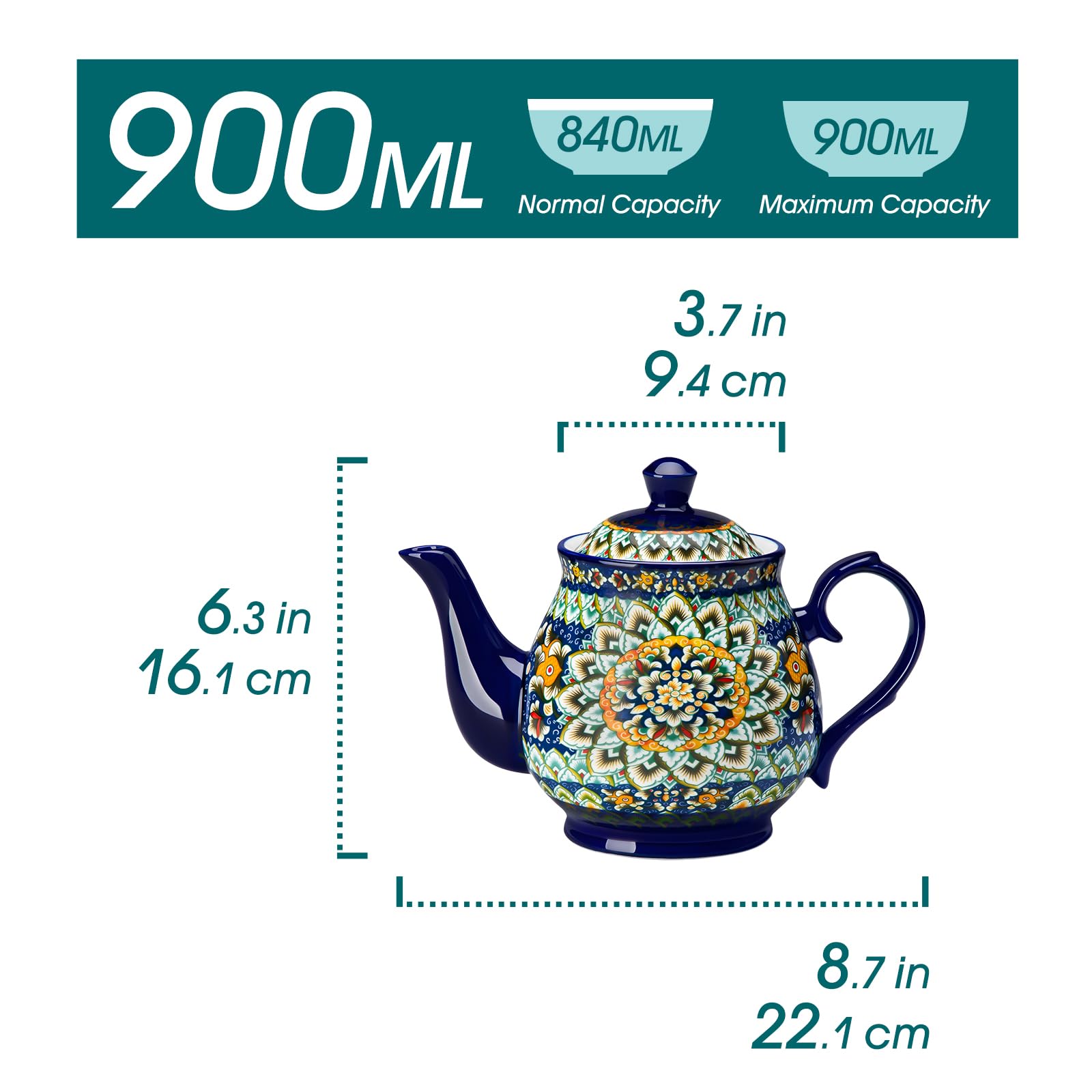 vancasso SIMI Teekanne aus Porzellan, 840 ml Teekanne im böhmischen Stil, für Schwarztee, Kräutertee, Früchtetee, Kaffee und Milch, Hitzebeständig, Tropffrei, Spülmaschinenfest, Spring Gorse
