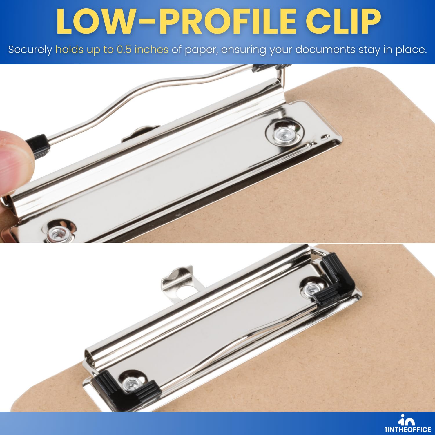 1InTheOffice Portapapeles de tablero duro con clip de perfil bajo, capacidad de clip de 0.5 pulgadas, capacidad para 5 x 8 hojas, marrón, paquete de 6