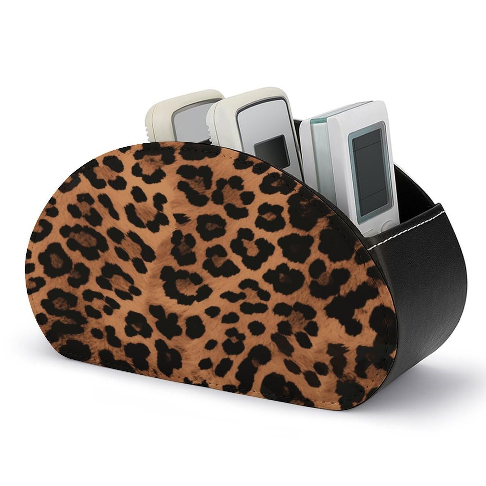 FekiLoot Leopard Pattern Remote Control Holder with 5 Compartments Multi-functional TV Remote Caddy Organizer Leather TV Remote Holder Desktop Organizer Store for Bedside Table Office Desk