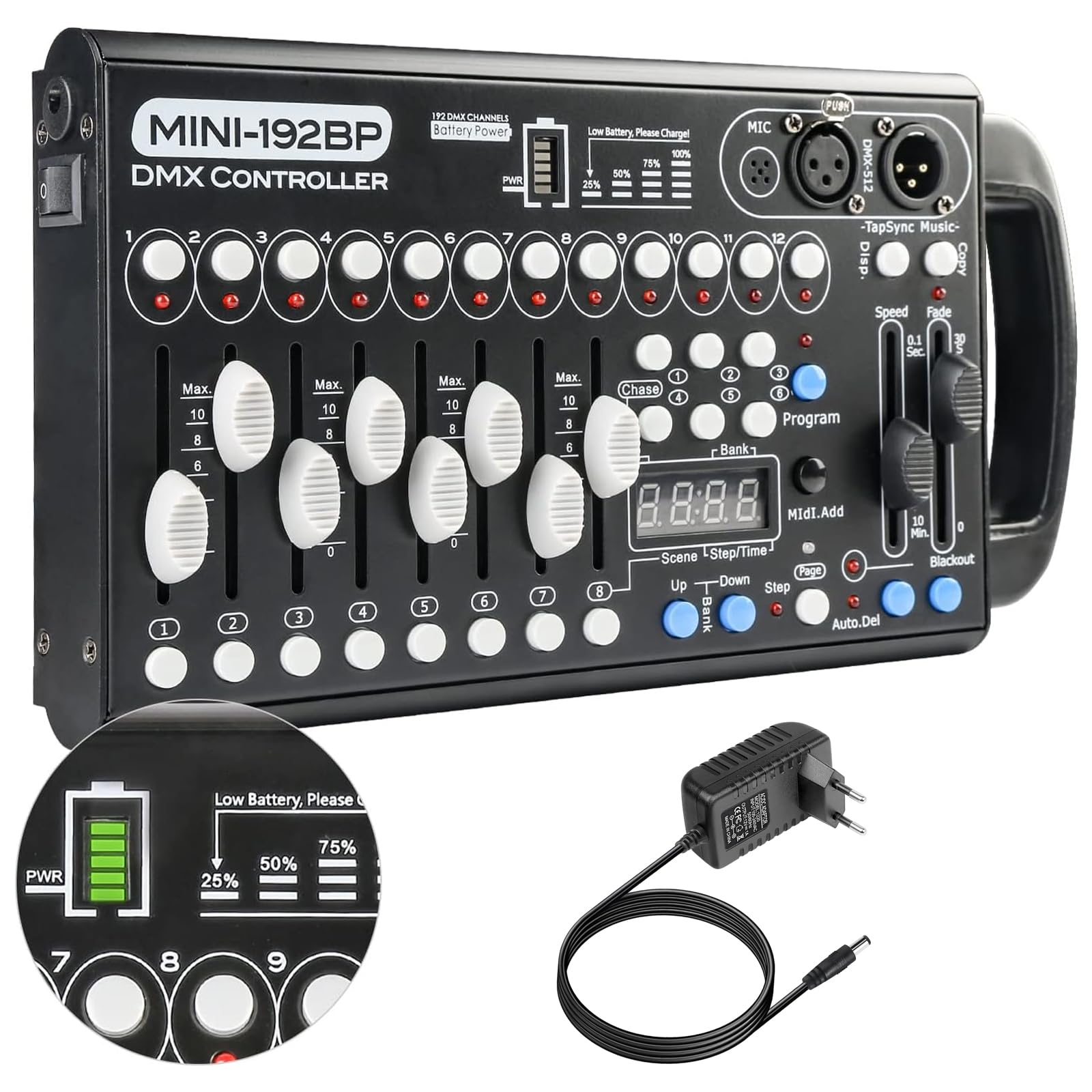 Dmx Controll Lichtmischpult Dmx Controller Eingebaute Batterie 192 Kanäle Dmx Konsole, Lichtmixer Dmx 512 Controller Musikgesteuert Akku Lichtpult Dmx Pult für Moving Head Partylicht Dmx Controler