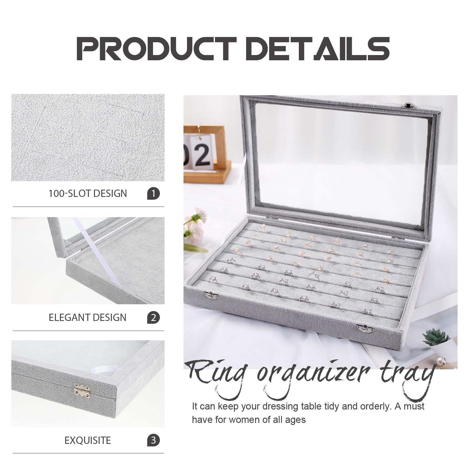 Caja Organizadora para Anillos con Tapa Transparente 100 Ranuras para Exhibición y Almacenamiento de Joyas Bandeja de Terciopelo Gris para Organización en Tocador Vitrina