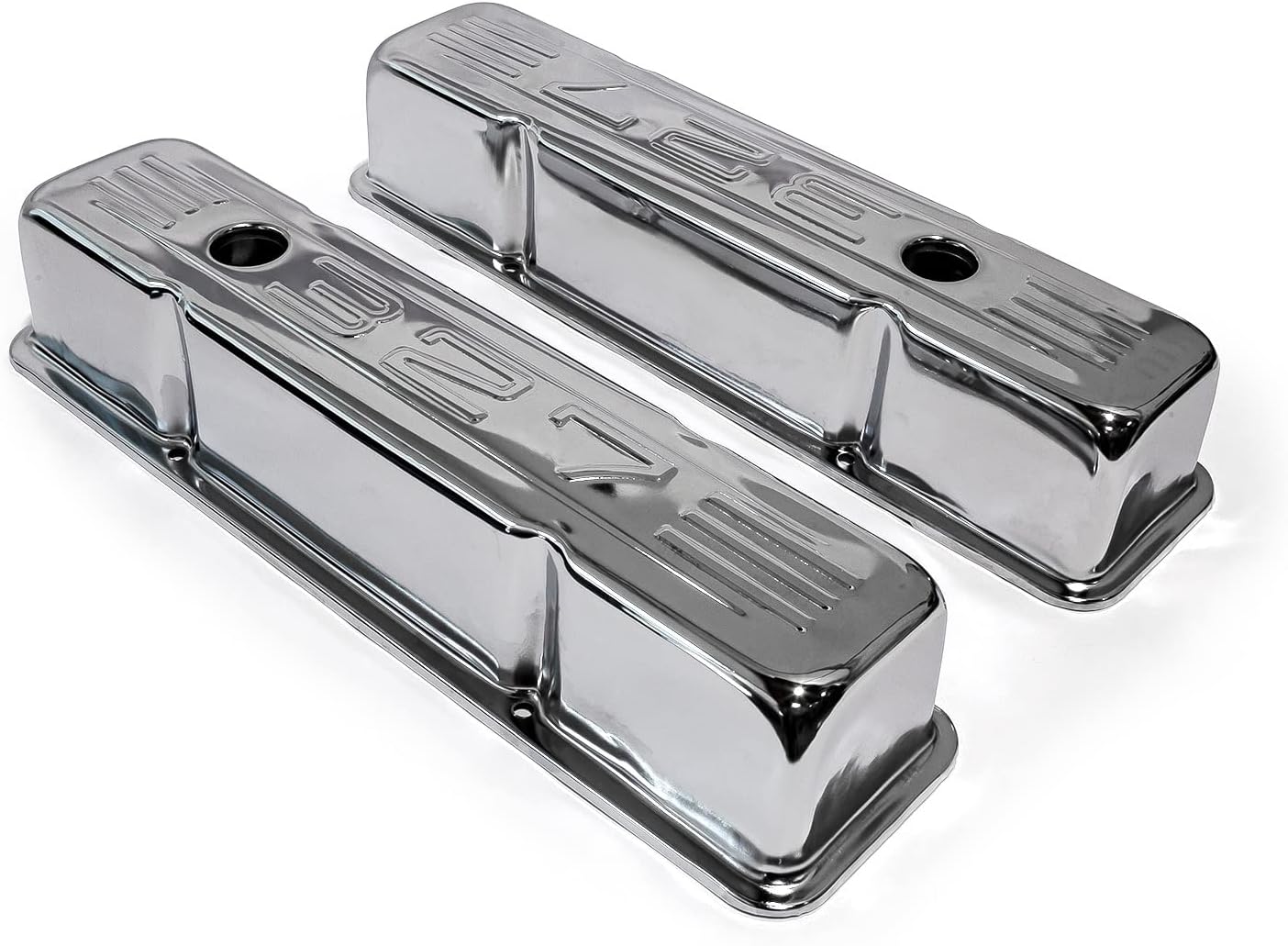 Speedmaster PCE314.1002.02 Compatible with Chevy SBC 350 Chrome "327 Stamped" Steel Valve Covers - Tall w/Baffled Hole
