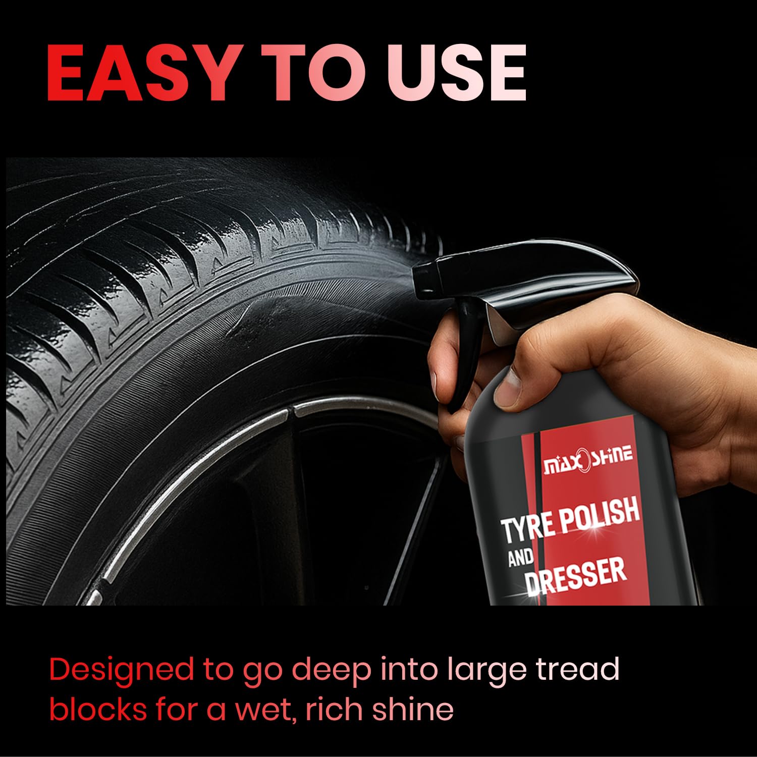 Maxoshine Tyre Polish Spray for Car and Bike | Jet Black Finished Tyre Shiner for Rubber Plastic Parts | Non-Greasy Glossy Long Lasting Black Shine Tyre Dresser (500ml) - Image 6 thumbnail