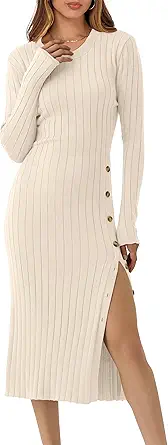 ANRABESS Womens 2025 Fall Long Sleeve Midi Dress Ribbed Knit Bodycon Fitted Button Down Wedding Guest Slit Sweater Dresses
