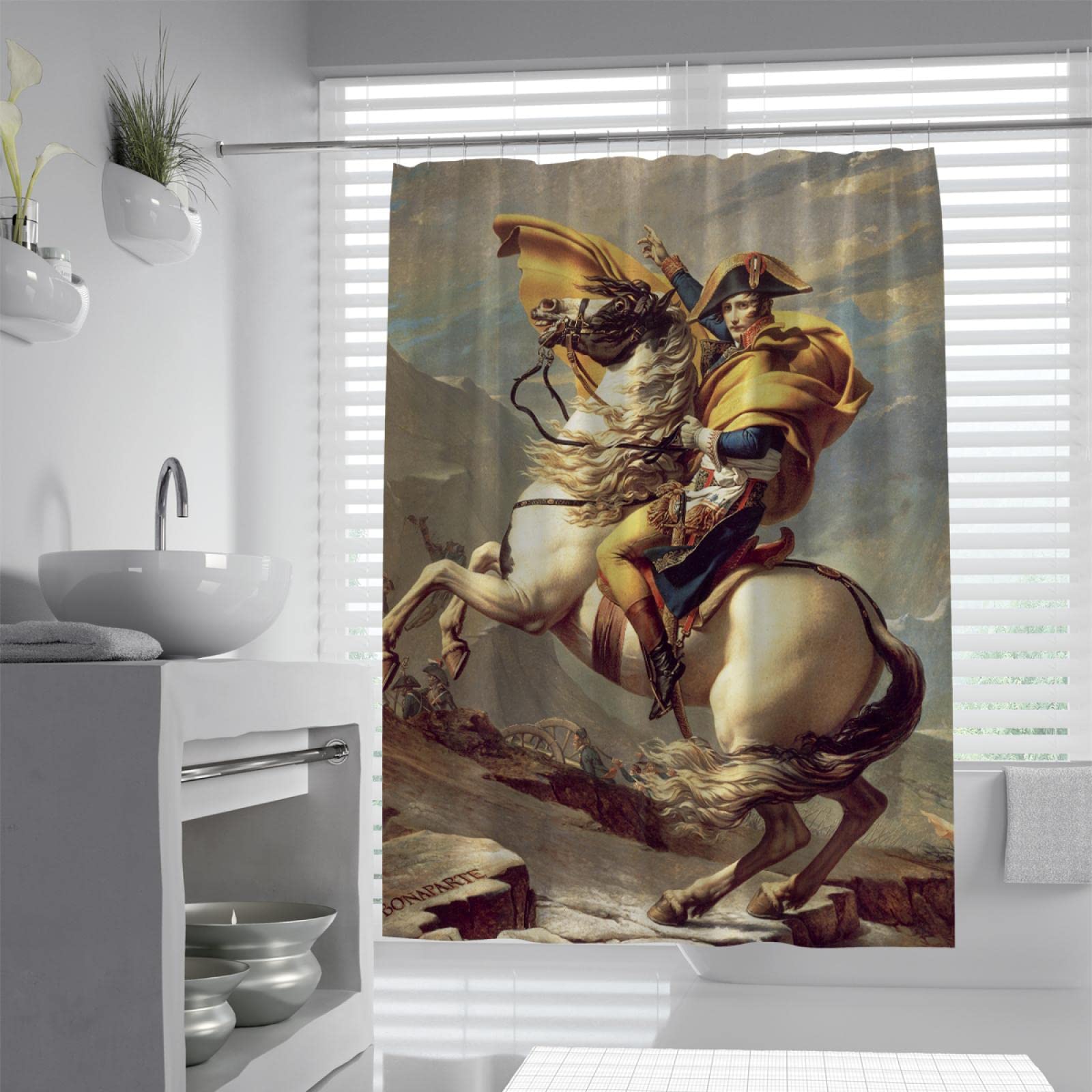 Ensembles de rideaux de Douche Cheval Blanc Avec crochets rideaux de Bain en Tissu Polyester imperméable Le Napoléon traversant Les Alpes par Jacques-Louis David 240Bx200Lcm