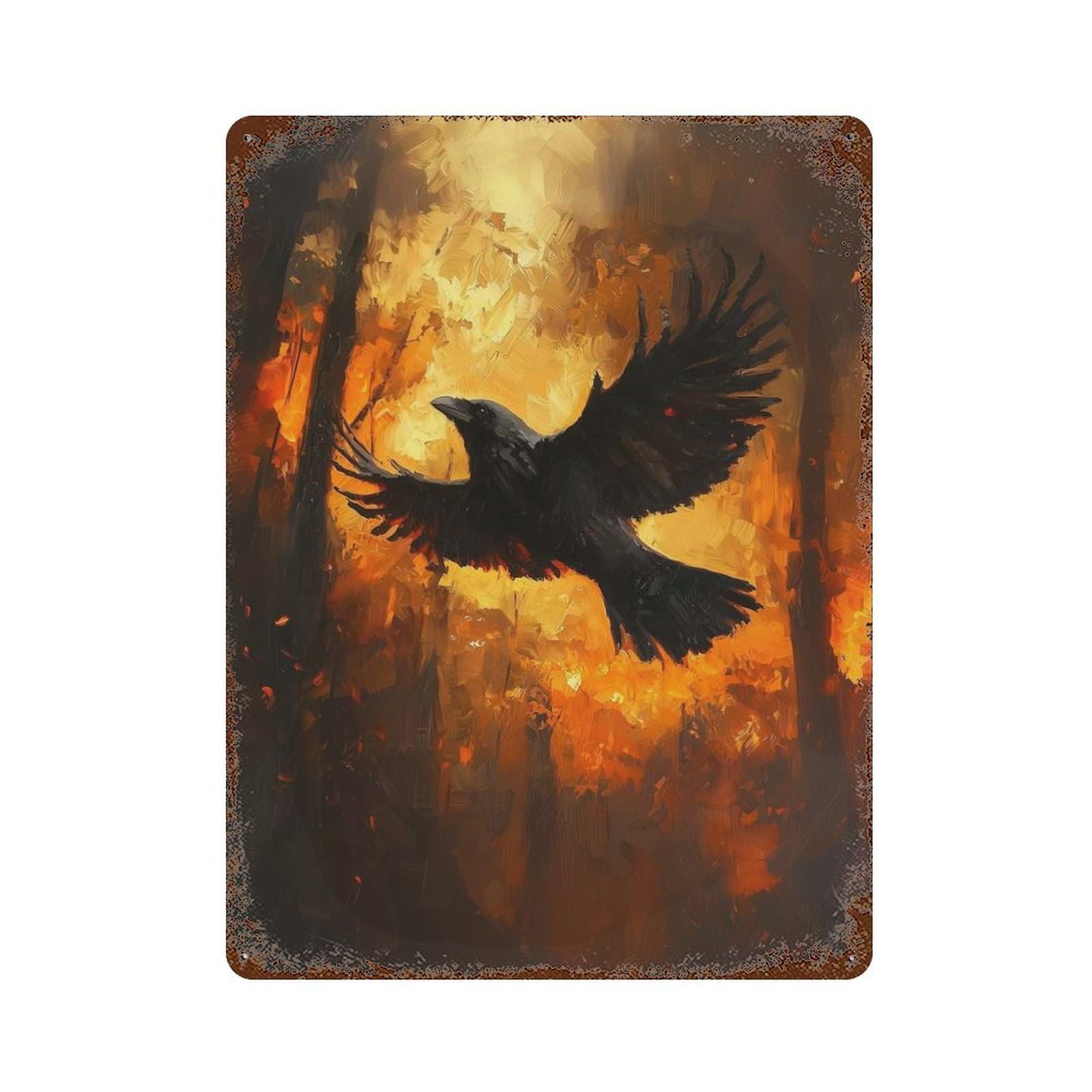 Raven in Fire Painting Rusty Metal Tin Sign 15.7"x11.8", Ideal for Farmhouse, Kitchen And Entryway Decor