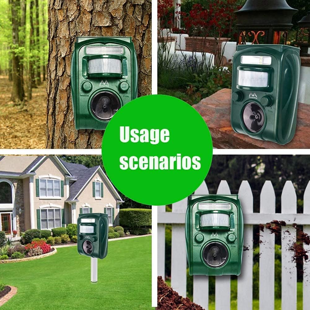 Solar Animal Repeller, 2021 Ultrasonic Mole Repellent, Rat, Squirrel, Deer, Raccoon, Skunk, Rabbit, Mole, Dog, Cat, Waterproof with Motion Detector, USB Rechargeable, Flashing Light (Green)