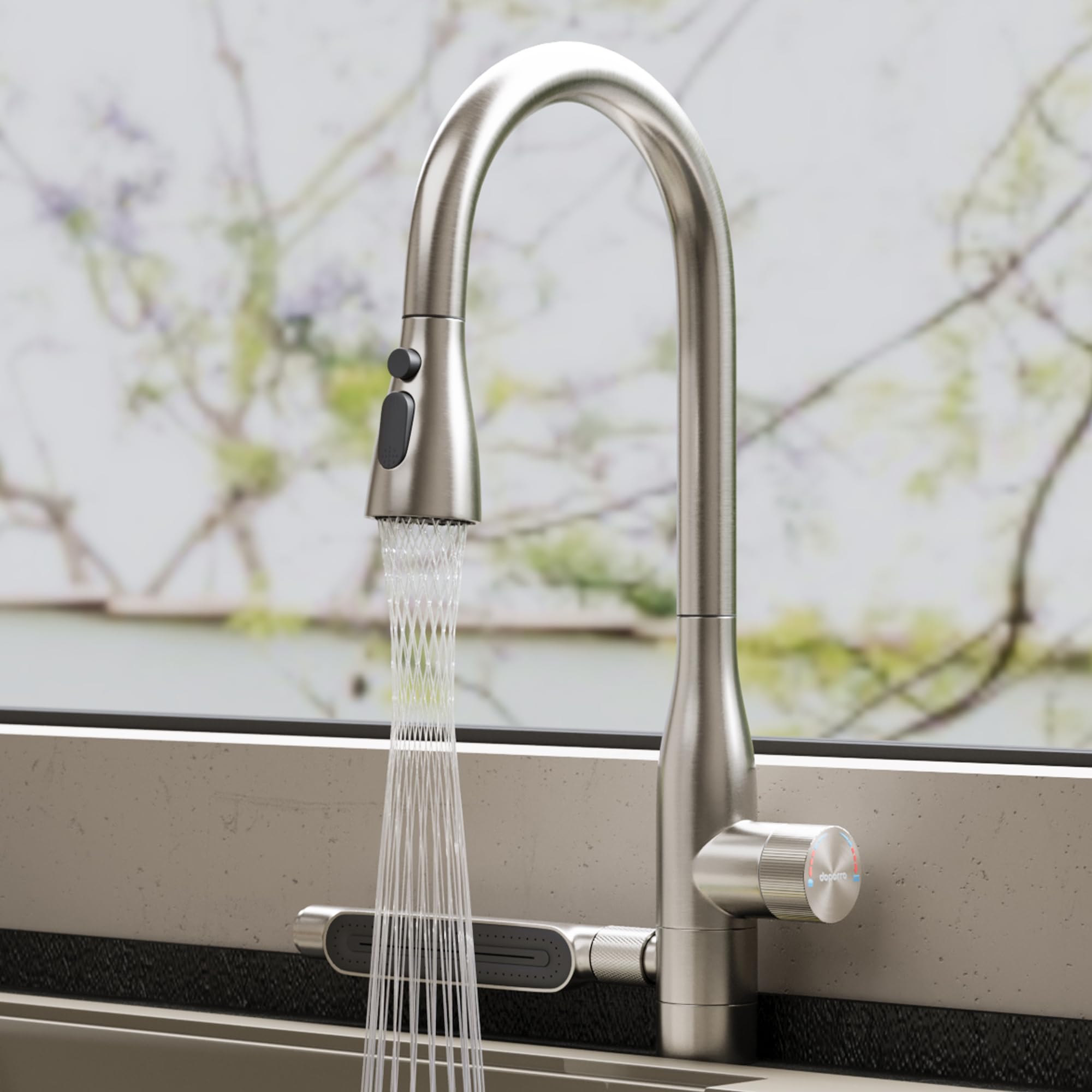 doporro Wasserhahn Küche Hochdruck, Küchenarmatur ausziehbar mit Brause | Spültischarmatur Küche aus Edelstahl, Armatur Küche 360 Grad schwenkbar, 5 Strahlarten, Mischbatterie Turnix-03