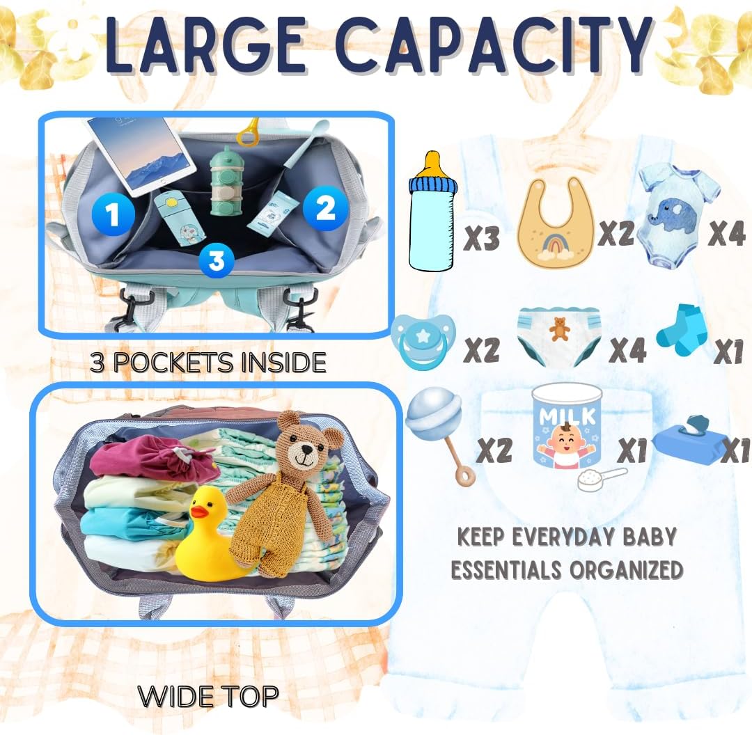 Small Diaper Bag Backpack for Baby Boy with Insulated Pockets, Stroller Straps. Blue Baby Bag for Mom Dad.