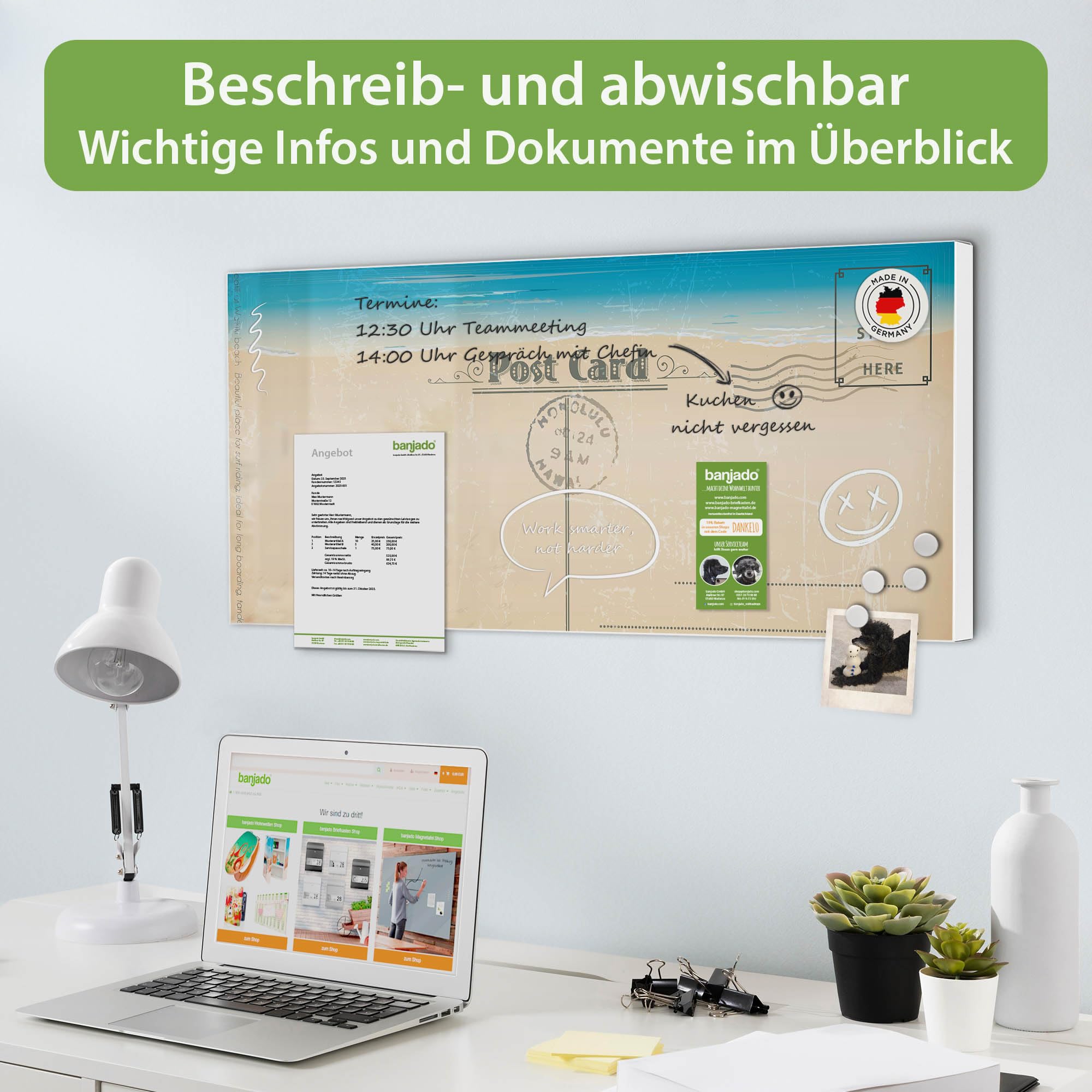 banjado Magnettafel Metall 78 x 37cm - beschreibbare Magnettafel - Metall Pinnwand als Memoboard - Magnetwand Küche, Büro, Kinderzimmer Weiß inkl. 4 Magnete & Montageset - Motiv Postkarte
