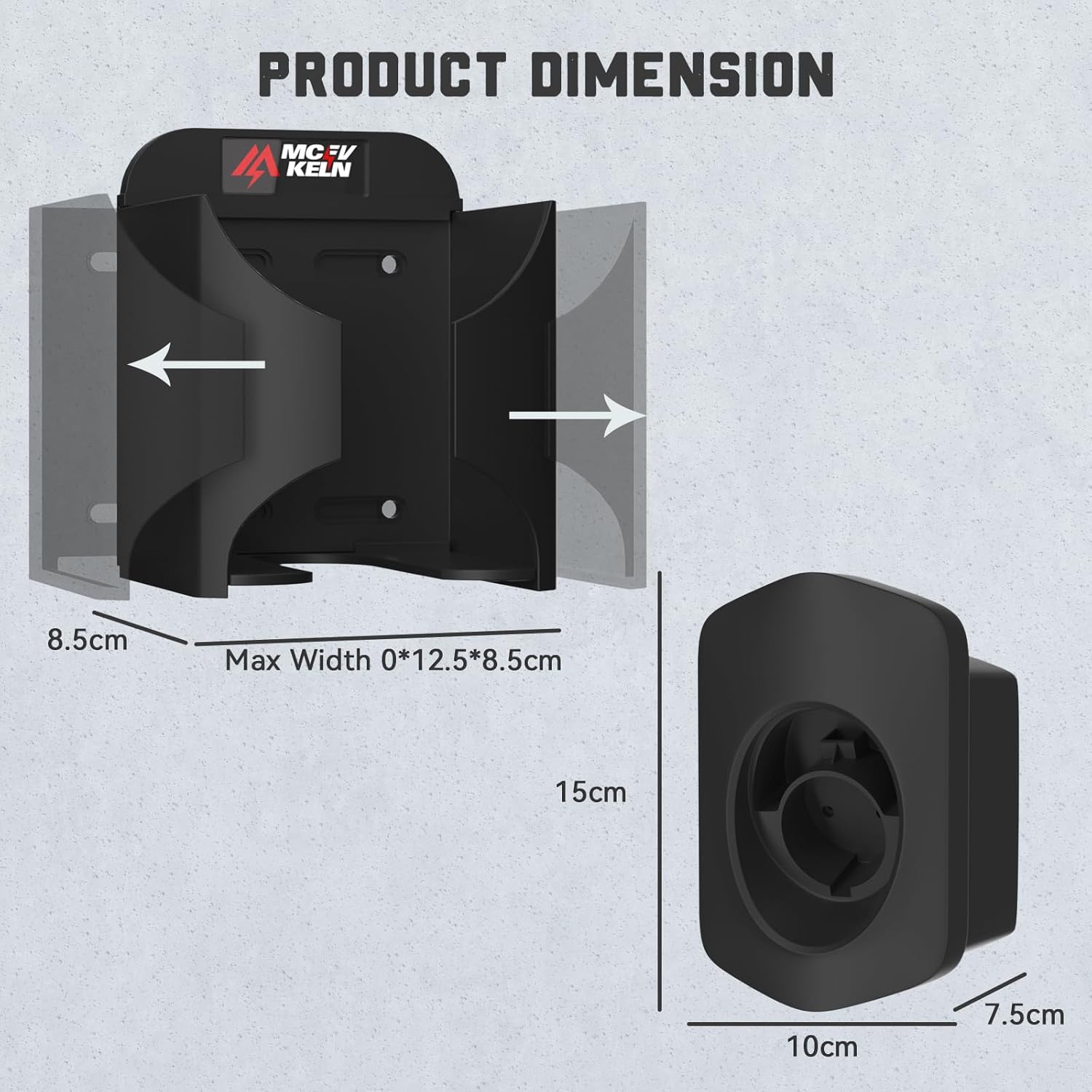 Diagram showing product dimensions of the EV charger box holder and J1772 cable holder.