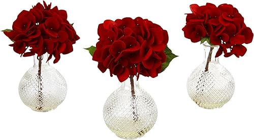 Nearly Natural 4895-S3 Hortensia roja con jarrón de cristal, juego de 3