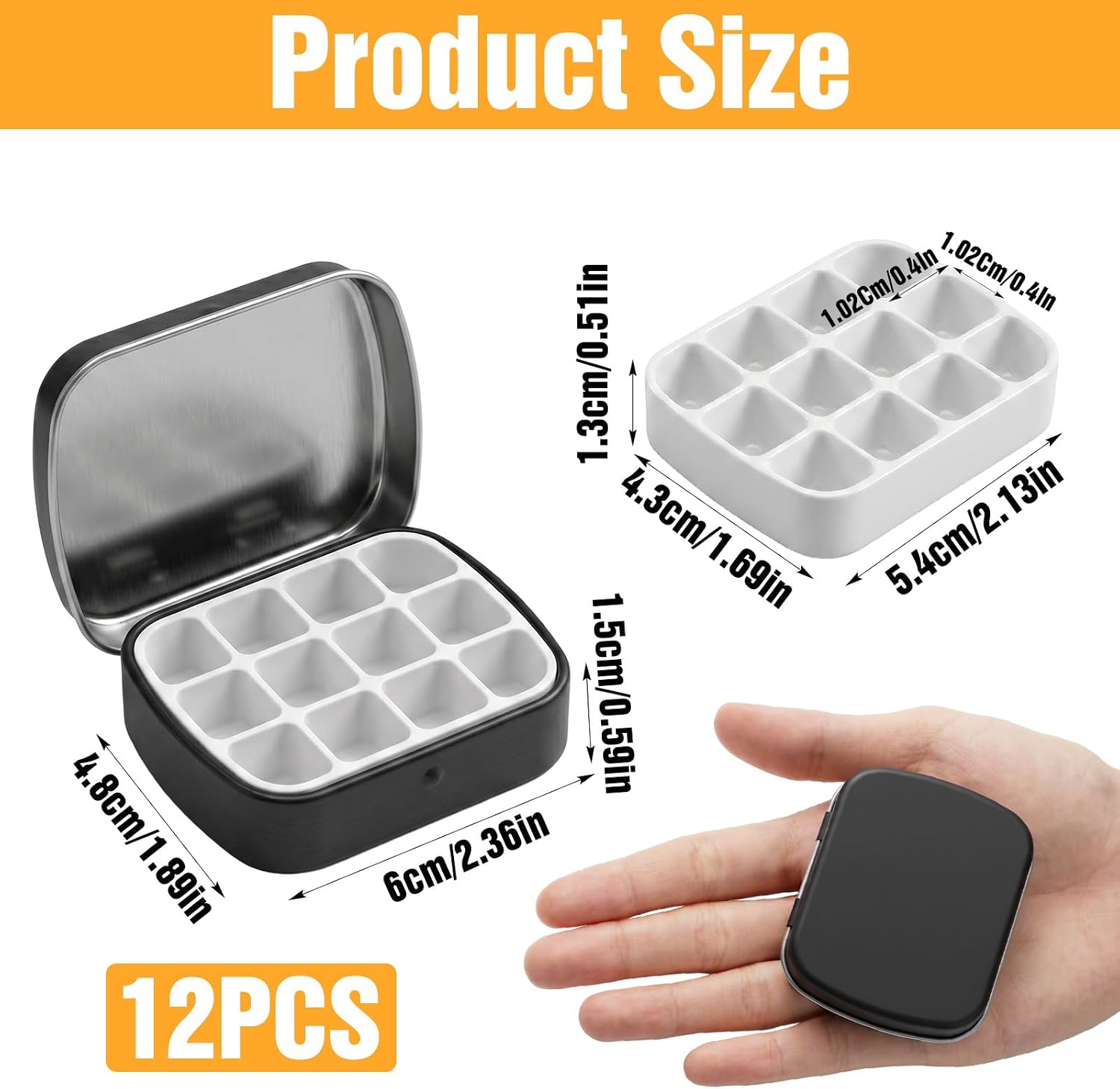 12 Pcs Mini Watercolor Storage Box, Portable Paint Palette with Lid - Magnetic ABS Insert, 12-Well Empty Tin Case for Artists, Travel & DIY Craft, Matte Black