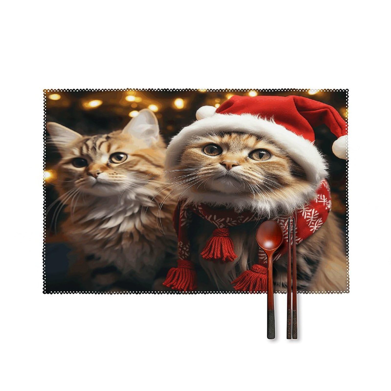 Christmas Cat Placemats Set of 4 Canvas Washable Cloth Place Mats Wipeable Heat Resistant Table Mats Elegant Cloth Placemat for Kitchen Dinning Party Table Decor 12" X 18"