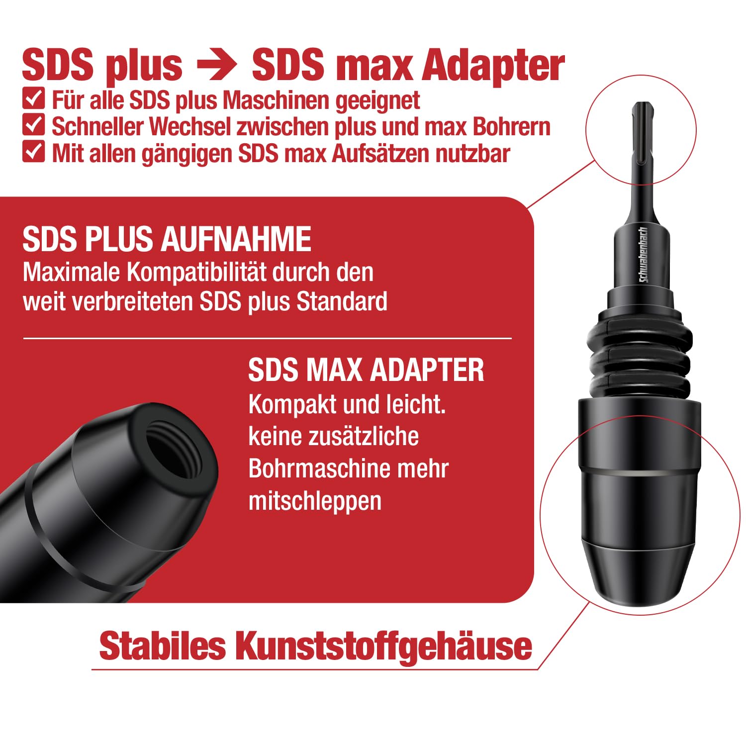 SCHWABENBACH® SDS Plus auf SDS Max Adapter - Adapterstück zur benutzung von SDS Max Beton Bohrer oder Meißel auf Maschinen mit SDS Plus Aufnahme Bohrfutter Hammerbohrer - Premium Qualität