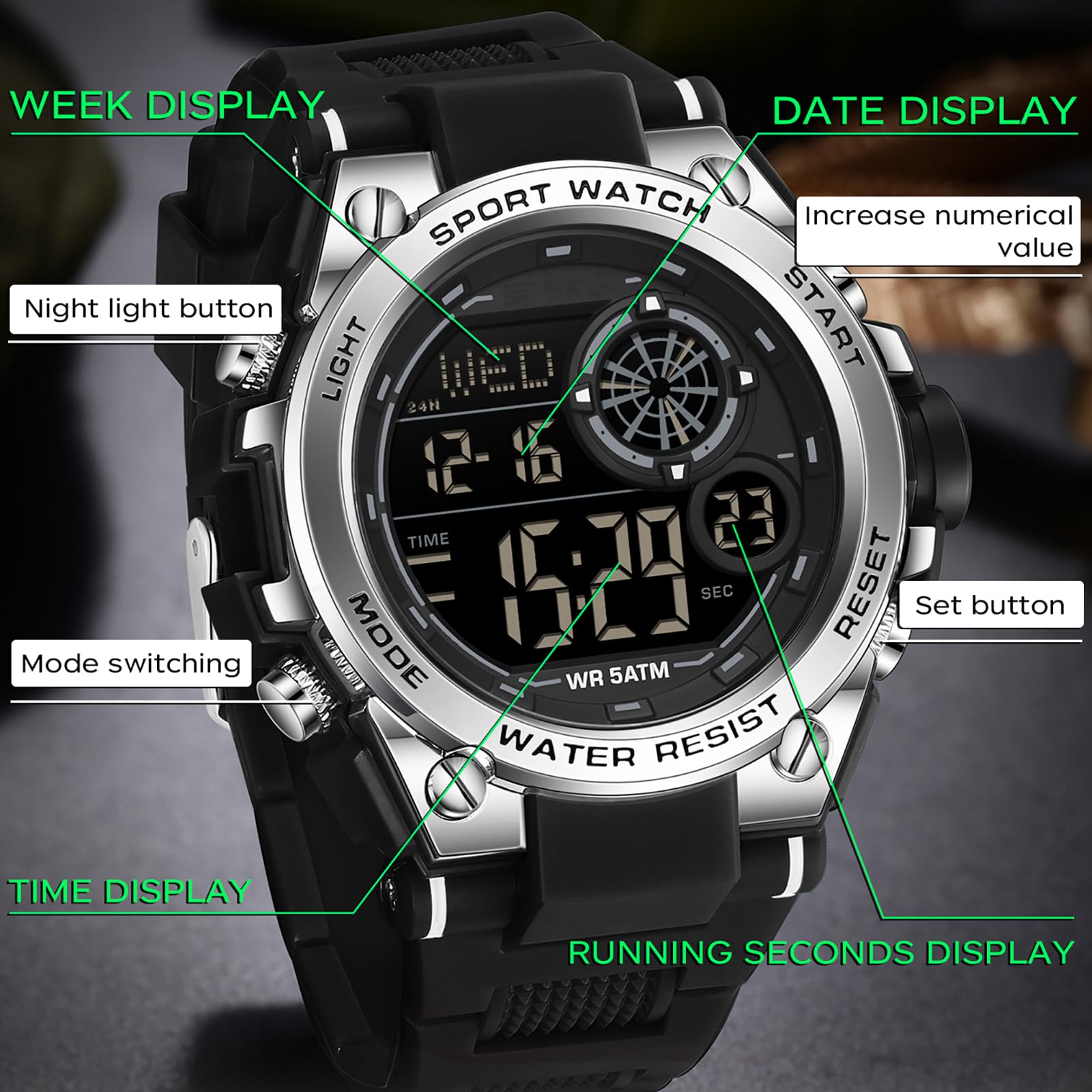 findtime Reloj digital para hombre y niño, militar, deportivo, con temporizador, doble hora, alarma, calendario, cronómetro, resistente a los golpes