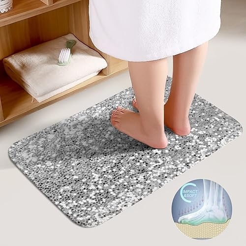 Miniatura 4 de Juego de 2 alfombras de baño de lentejuelas con purpurina sintética de color gris plateado, gris y blanco, alfombra de baño de contorno en forma de