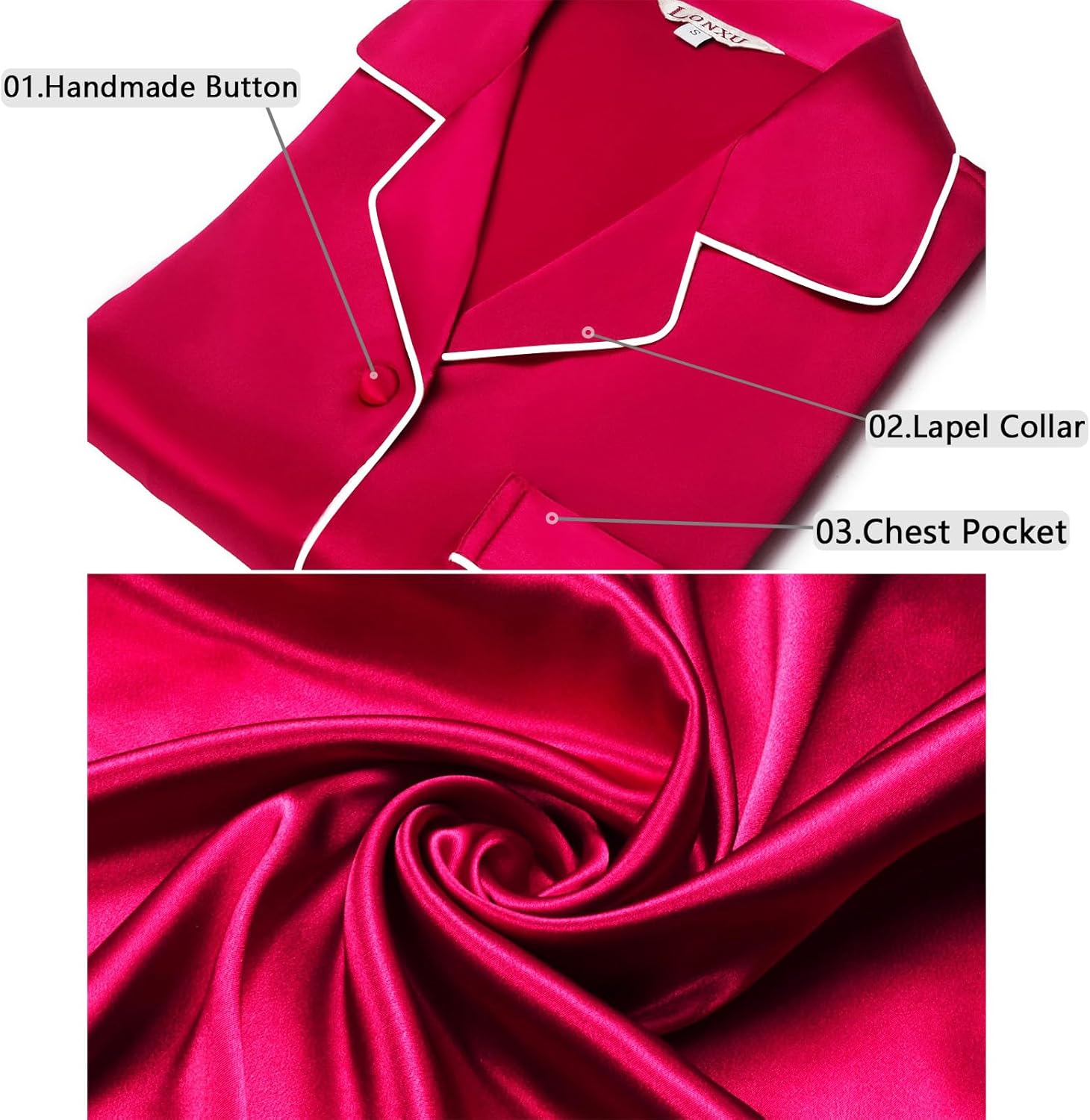 Lonxu Silk Satin Womens Pajama Sets Button Down Sleepwear Loungewear XS~3XL - Image 4