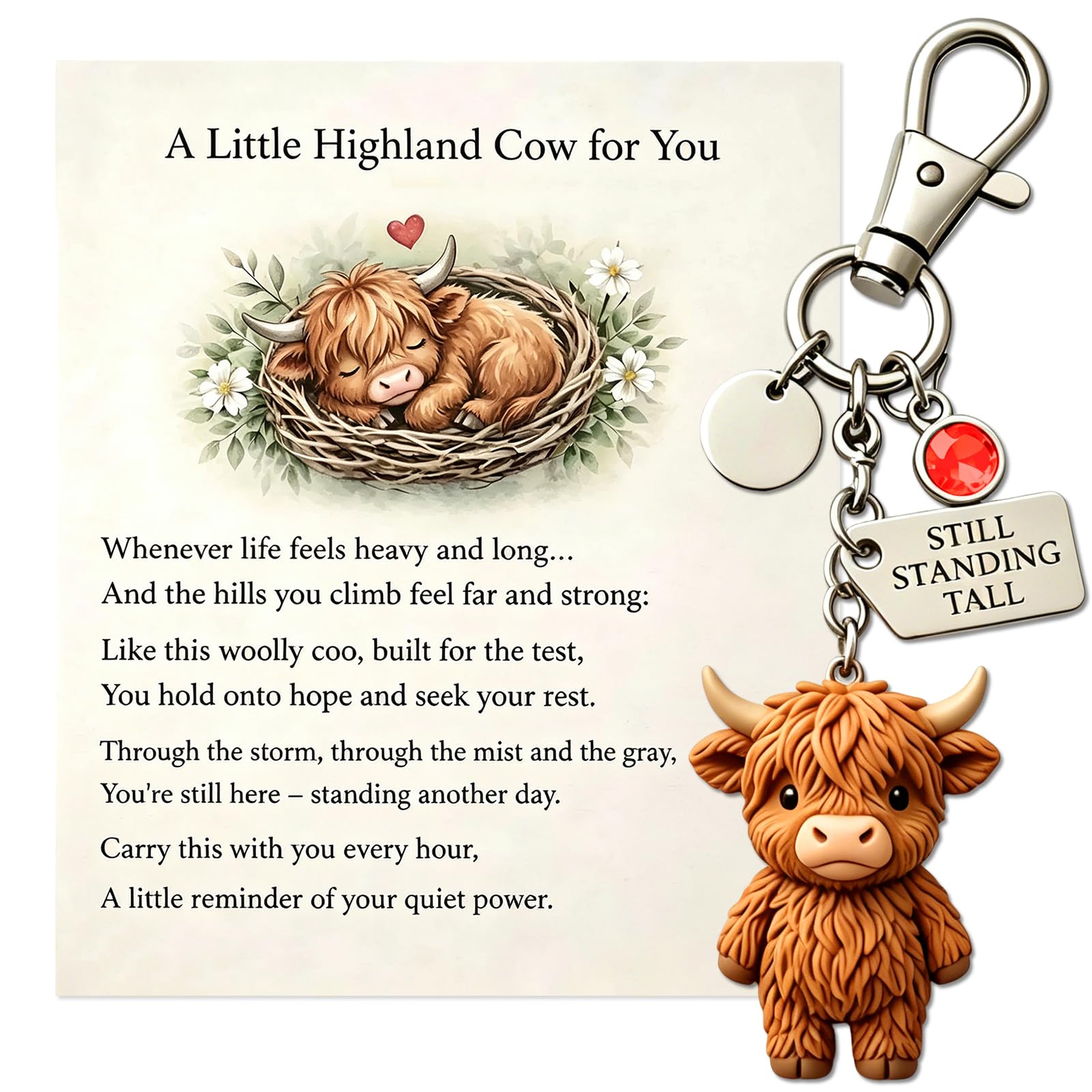 2026 Little Highland Cow Keychain, A Little Highlands Cow, Cute 3D Highland Keyring with Birthstone, Cute Cartoon Animal Keyring, Rubber Cow Pendant, Best Wish for Close People Family Friend (July)