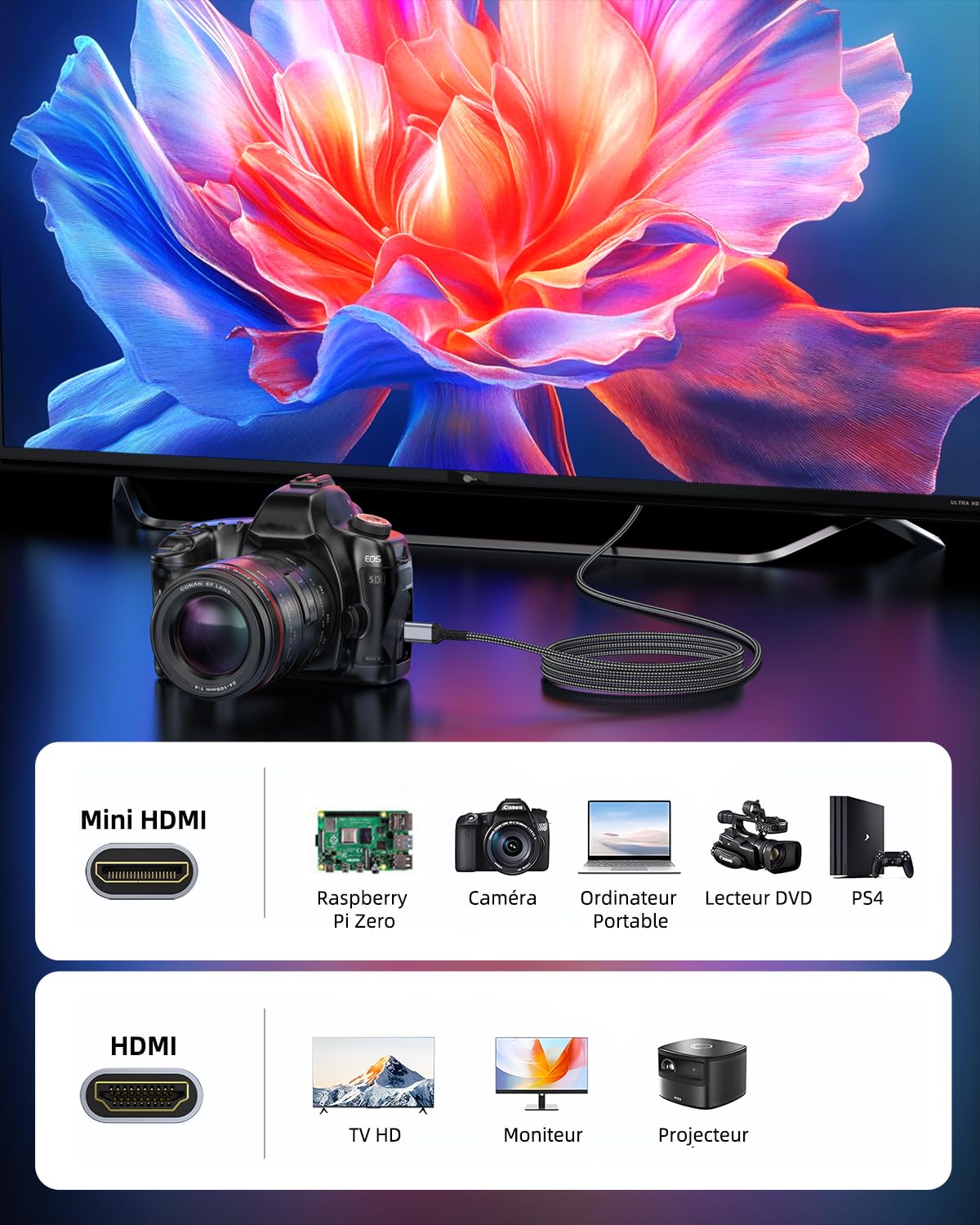 Câble Mini HDMI vers HDMI 2m, 4K@60Hz 2K@120Hz 18Gbps HDMI vers Mini HDMI avec HDR UHD Arc HDCP Compatible avec Caméra, Raspberry Pi Zero, Projecteur, Moniteur, Laptop, HDTV