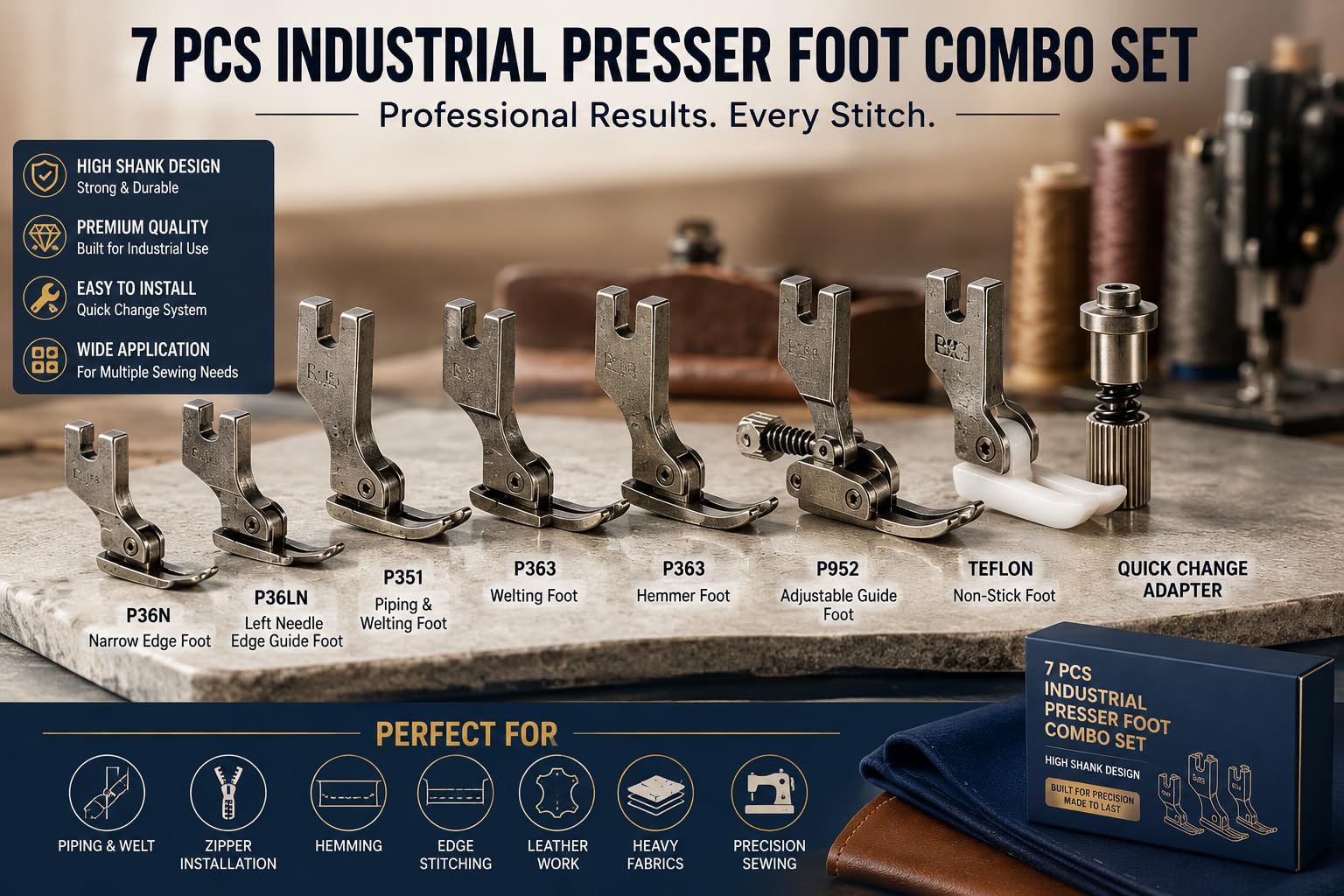ZENITH Professional Industrial High Shank Sewing Machine Presser Feet Set - 7 Piece Universal Kit Compatible with Brother, Singer, Juki, Jack (P36N & P36LN,P351,P363,T-35,P952,Quick Changer Adapter) — Amazon image 5